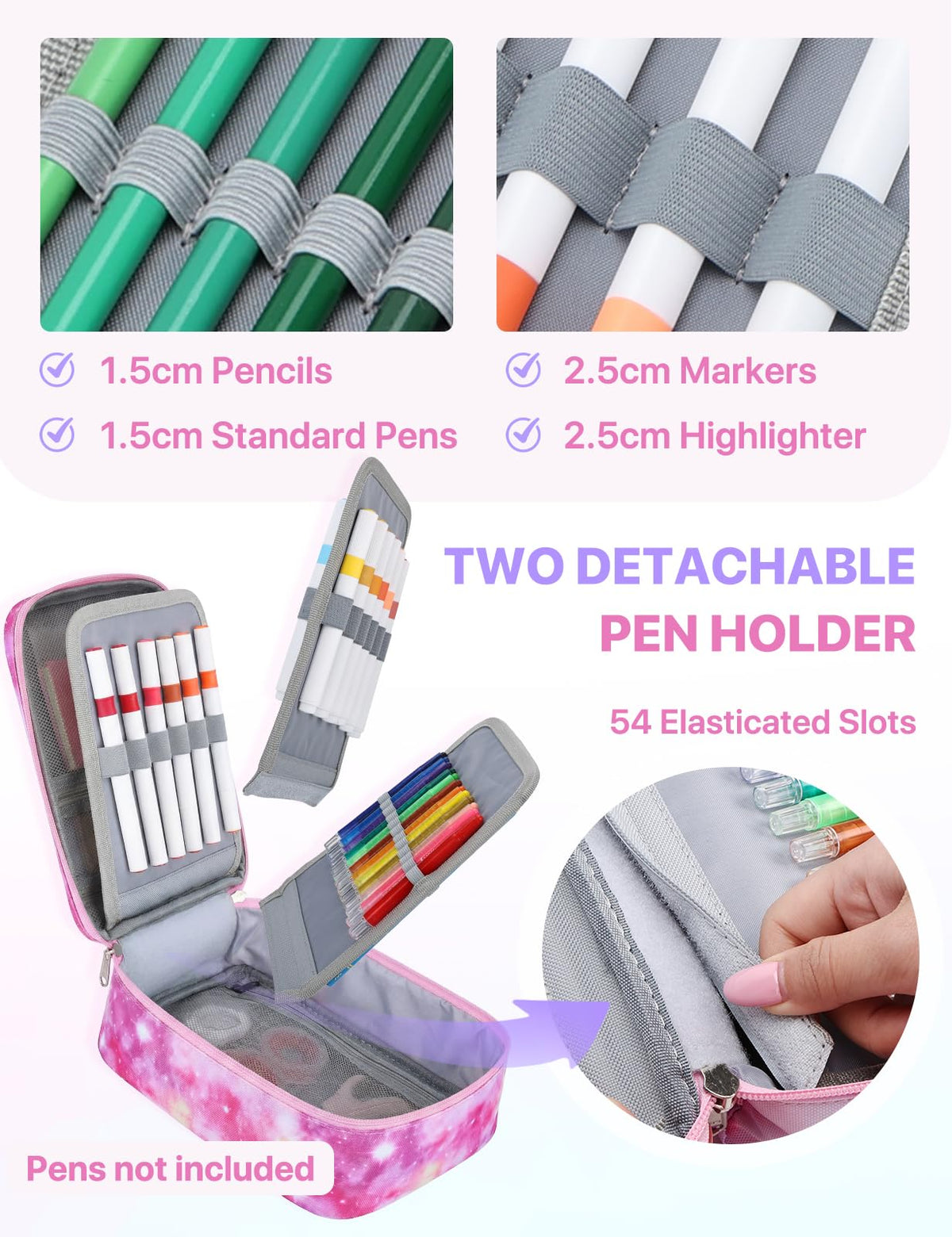 Kasqo Large Pencil Case, 54-Slot Pen & Marker Organizer, Pink Galaxy