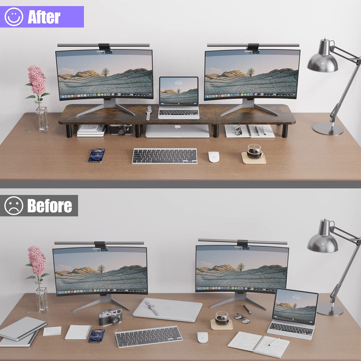 WEGASTU Dual Monitor Stand - 43.7 inch Extra Long Wide TV Stand - Wood & Steel Leg Desktop Riser