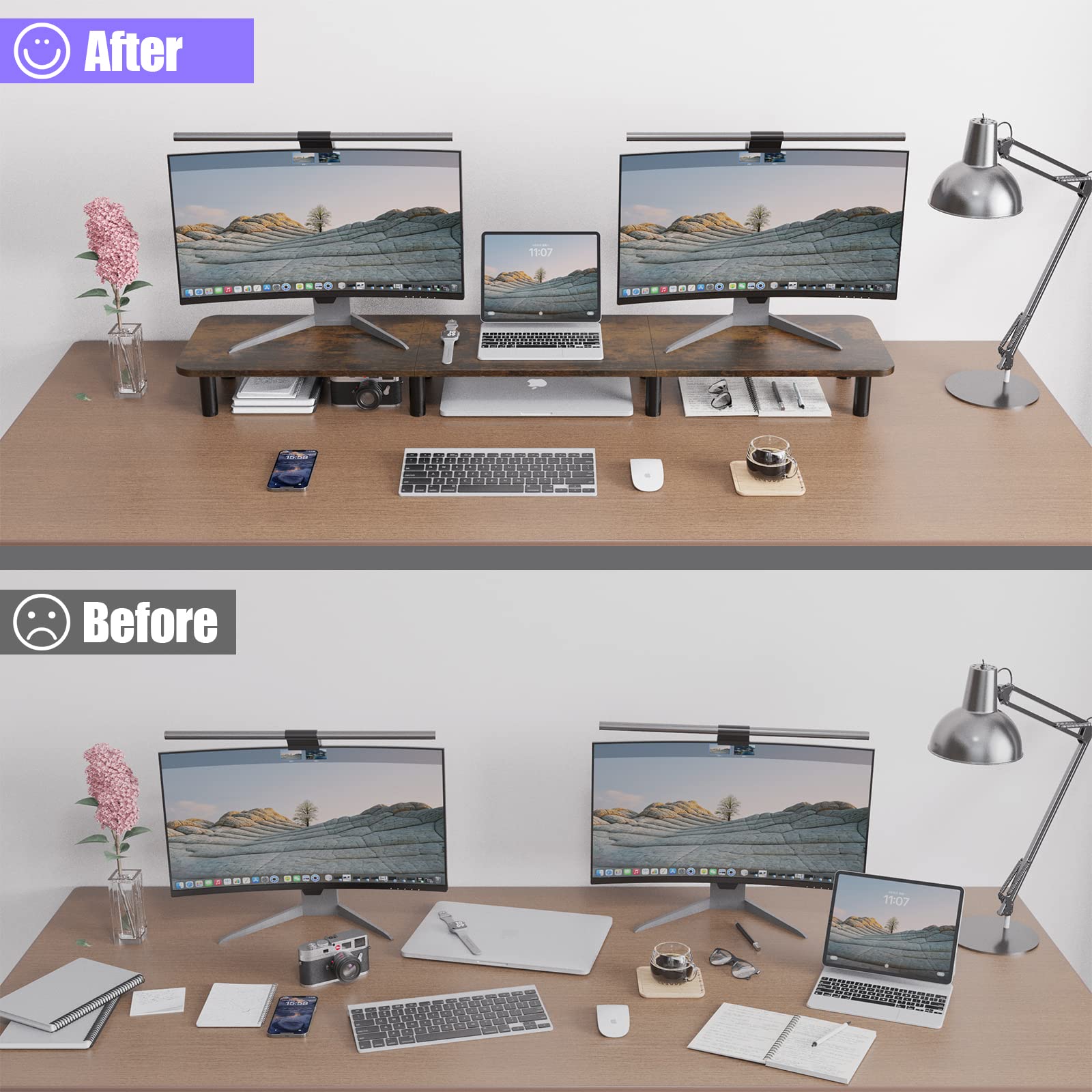 WEGASTU Dual Monitor Stand - 43.7 inch Extra Long Wide TV Stand - Wood & Steel Leg Desktop Riser