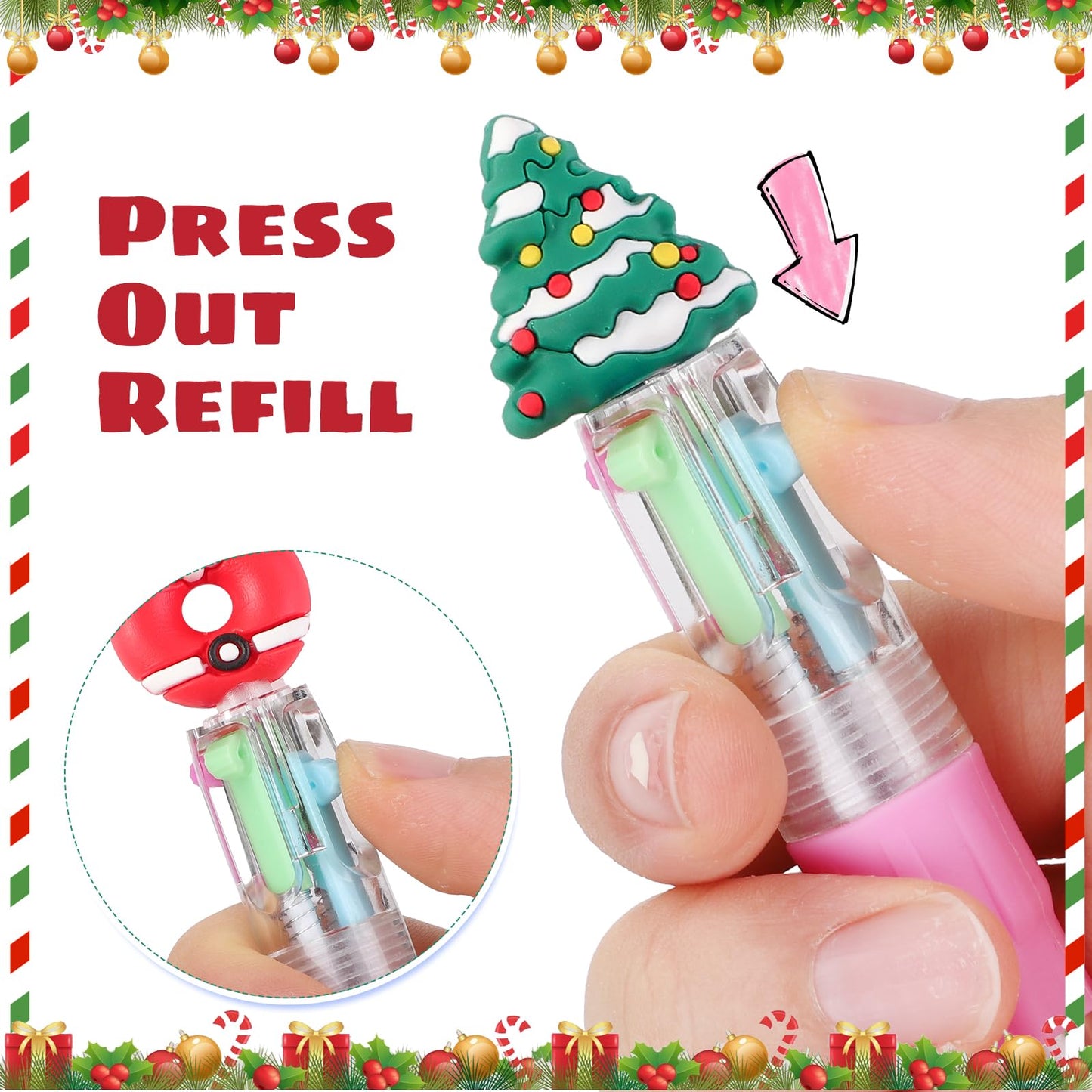 BESARME 48 Packs Christmas Multicolor Pen in One, 4-in-1 Xmas Tree Claus Stocking Stuffers for Teen