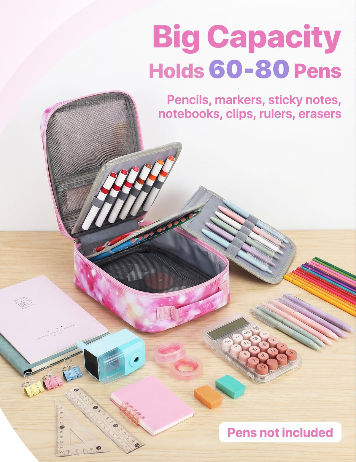 Kasqo Large Pencil Case, 54-Slot Pen & Marker Organizer, Pink Galaxy