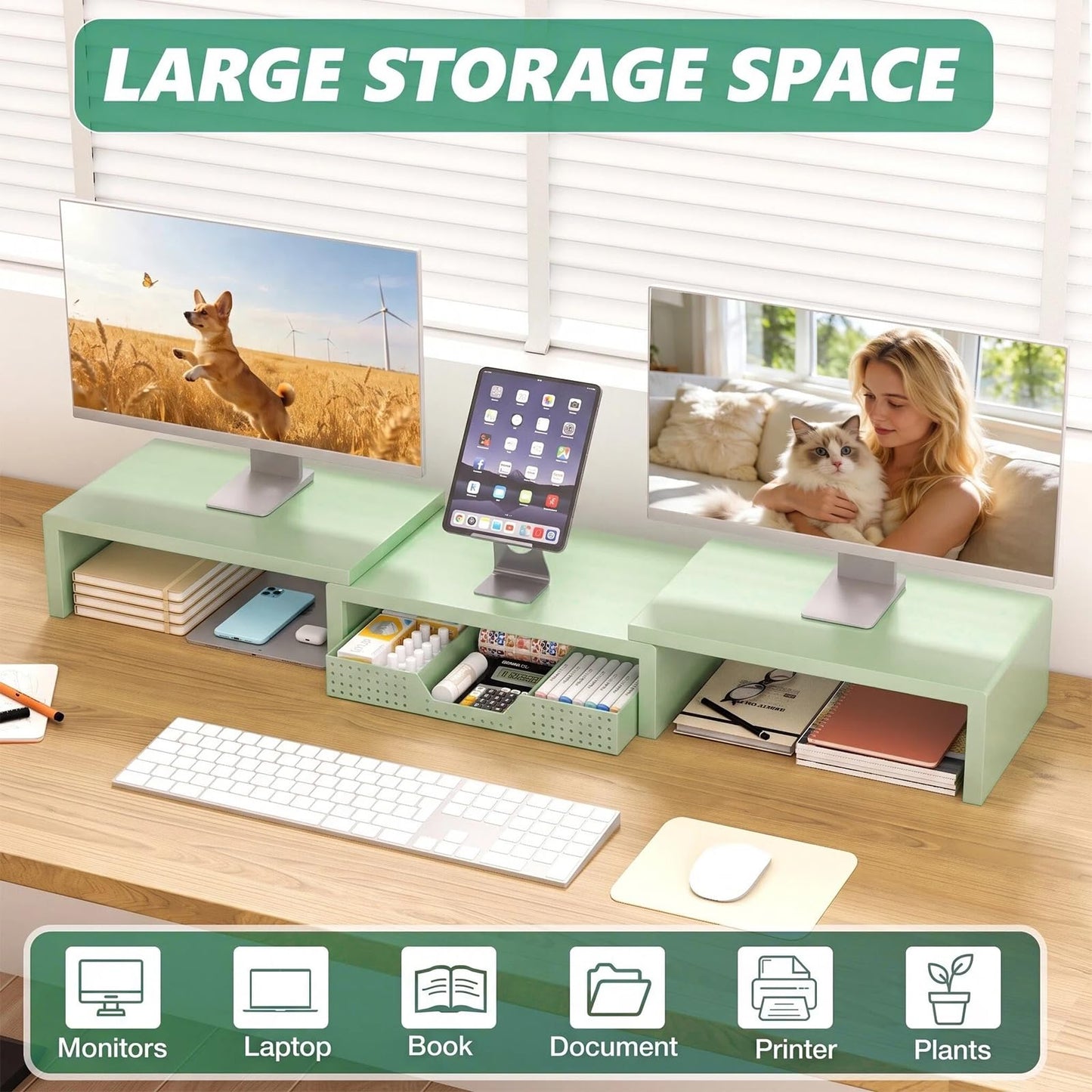 OPNICE Dual Computer Monitor Stand Riser, Desk Organizer with Drawer, Office Desk Accessories &