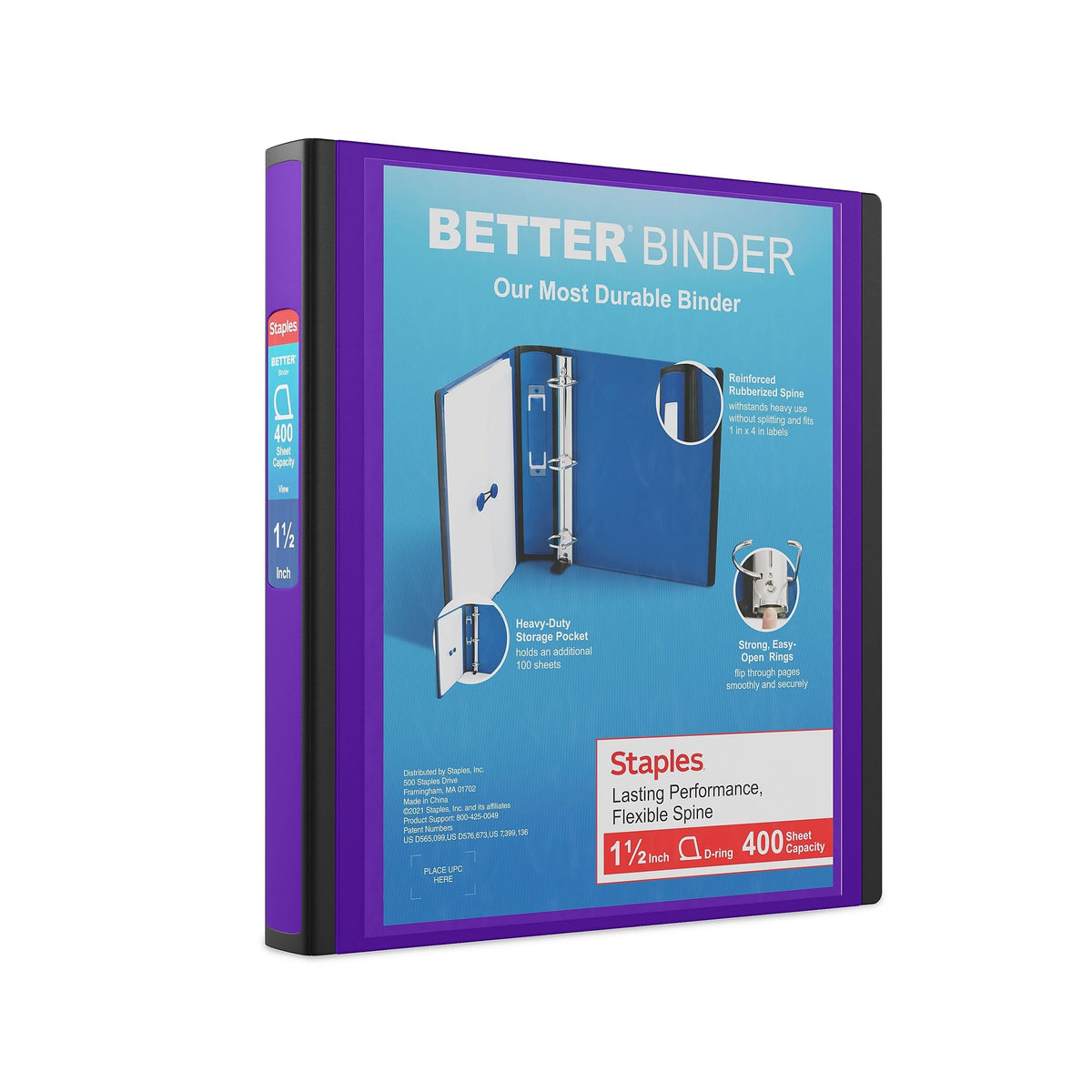 Staples Better Binder, 1.5 Inch D-Ring, Purple, 400 Sheets, 3-Pack