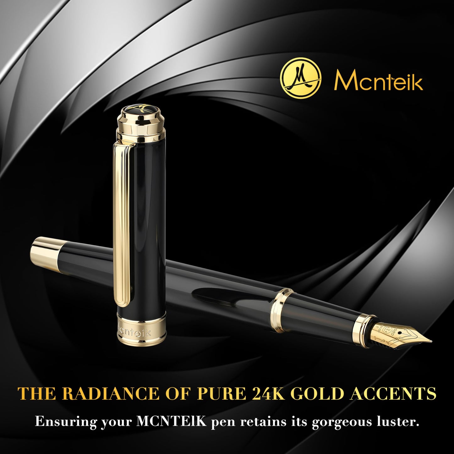 MCNTEIK 317 Fountain Pen,Stunning Luxury Black Piano Lacquer,18K Gilded Nib(Fine),Gorgeous 24K Gold