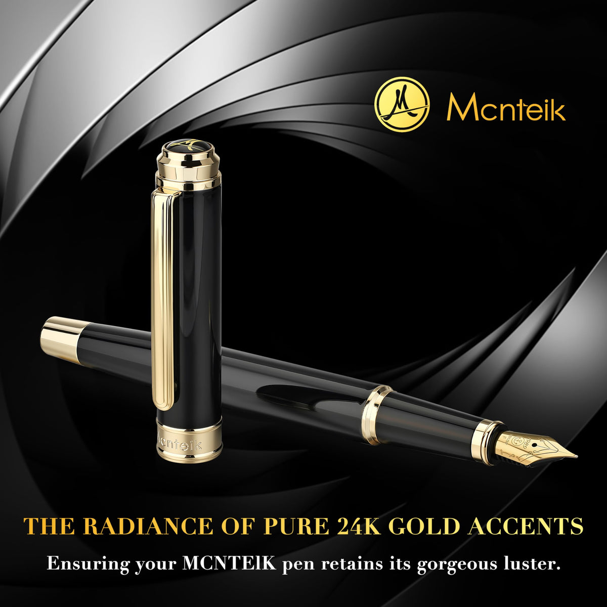 MCNTEIK 317 Fountain Pen,Stunning Luxury Black Piano Lacquer,18K Gilded Nib(Fine),Gorgeous 24K Gold