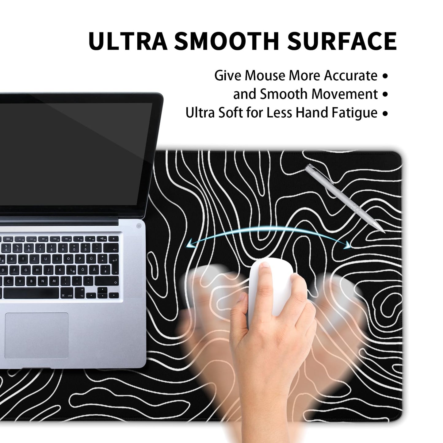 Kawani Topographic Contour Gaming Mouse Pad XL,Large Black Mouse Mat Desk Pad 31.5/inch x