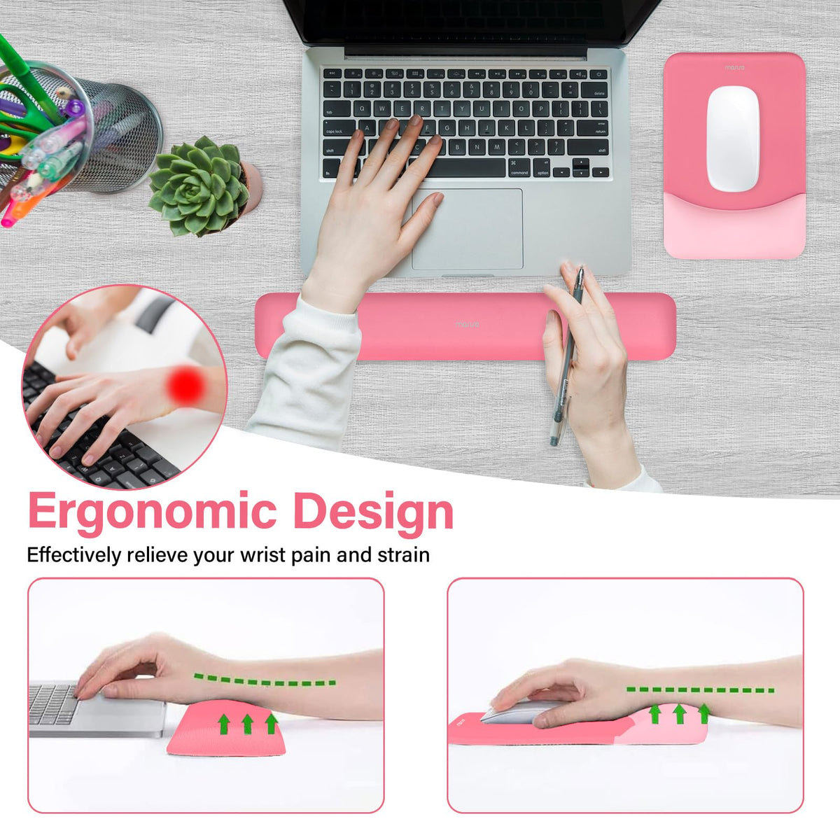 MOSISO Wrist Rest Support Mouse Pad & Keyboard Set, Melon Pink