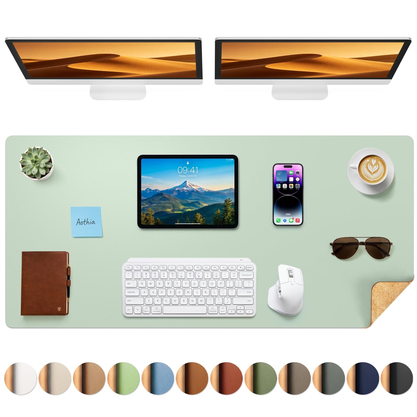 Aothia Cork Desk Mat - Dual-Sided Extra Large Desk Pad & Keyboard Mat, Long PU Leather Desk