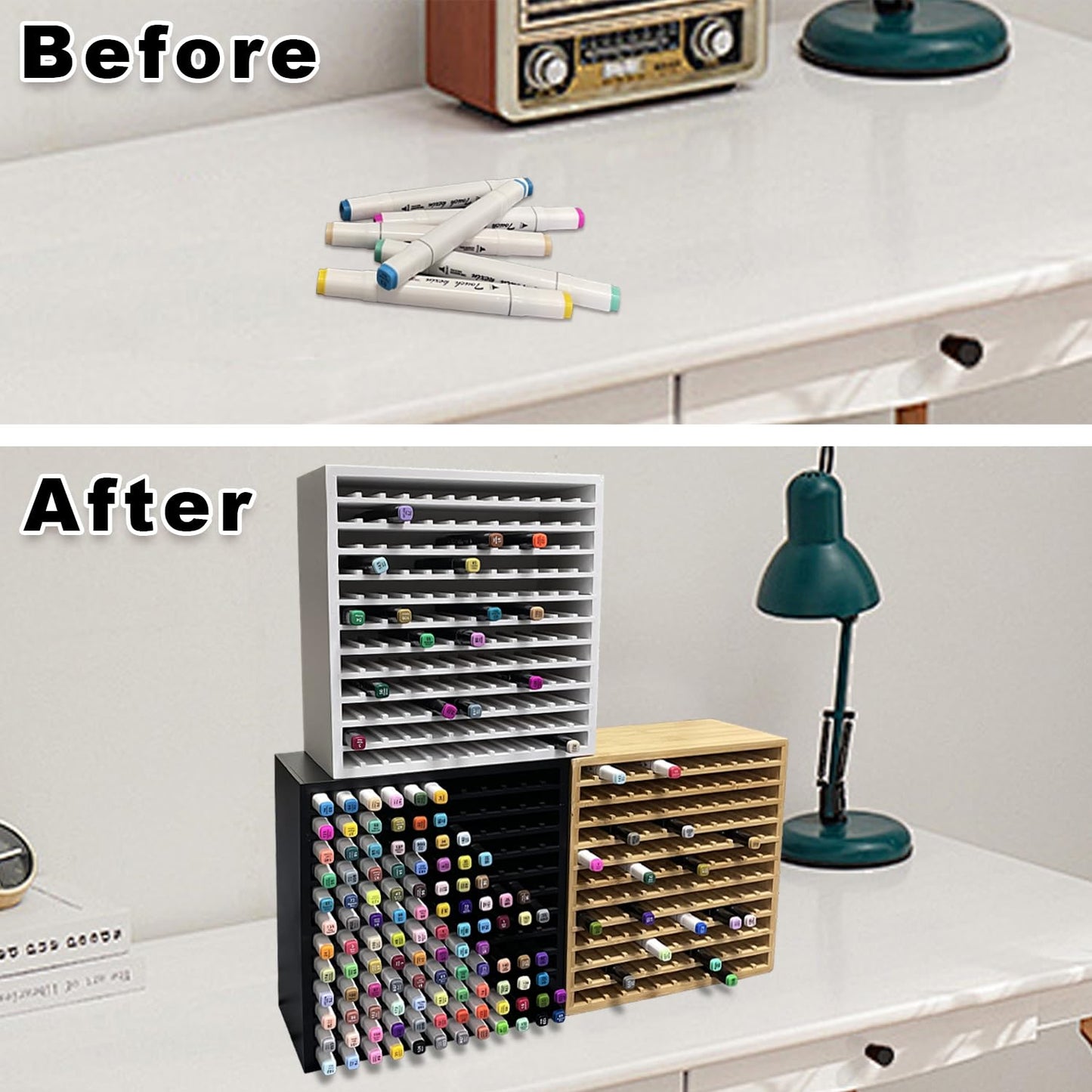 MinBoo Bamboo Marker Organizer Wooden Art Supply Storage Organizer Rack Art Markers Pens Colored