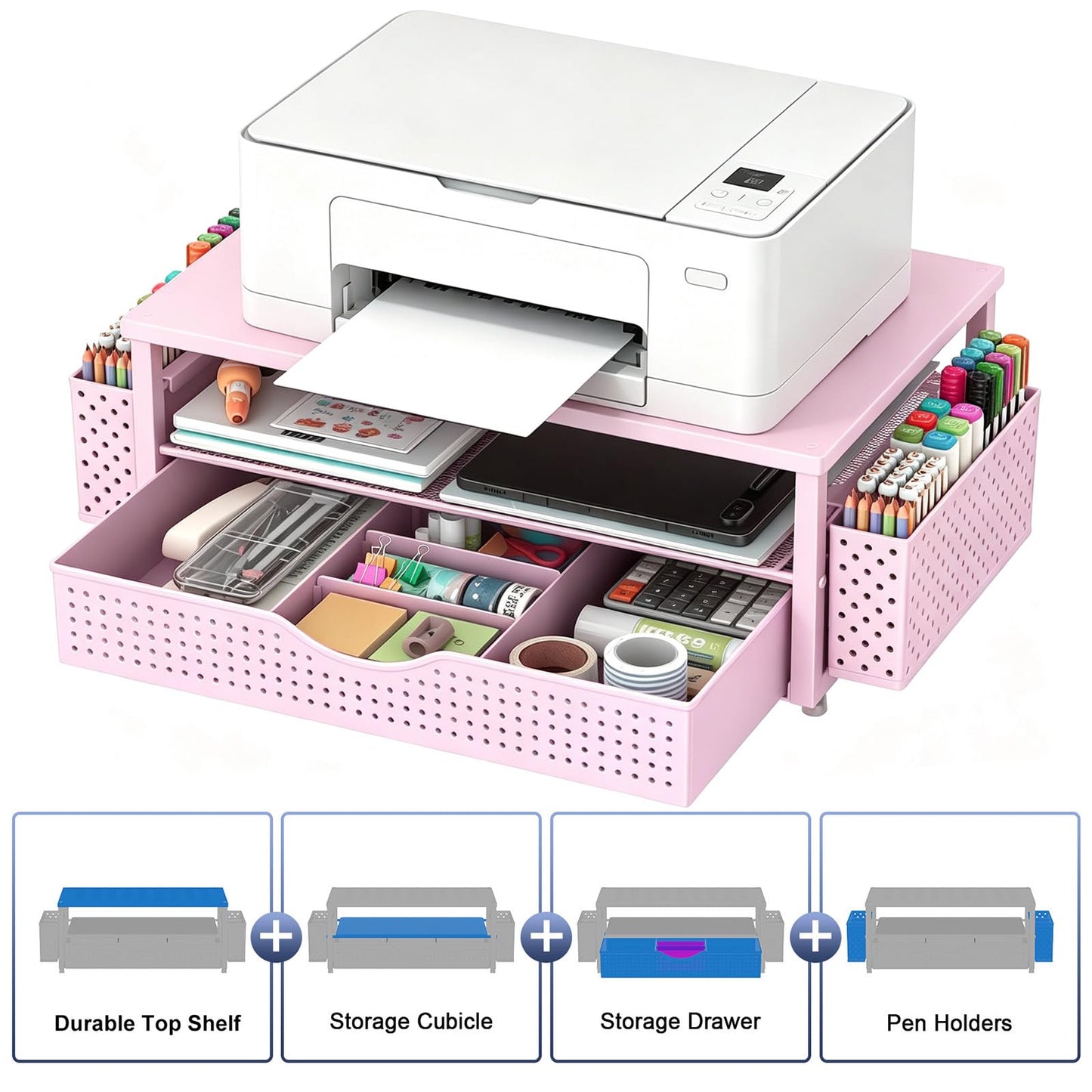 Spacrea Desk Organizers and Accessories, Printer Stand with Storage, Pink