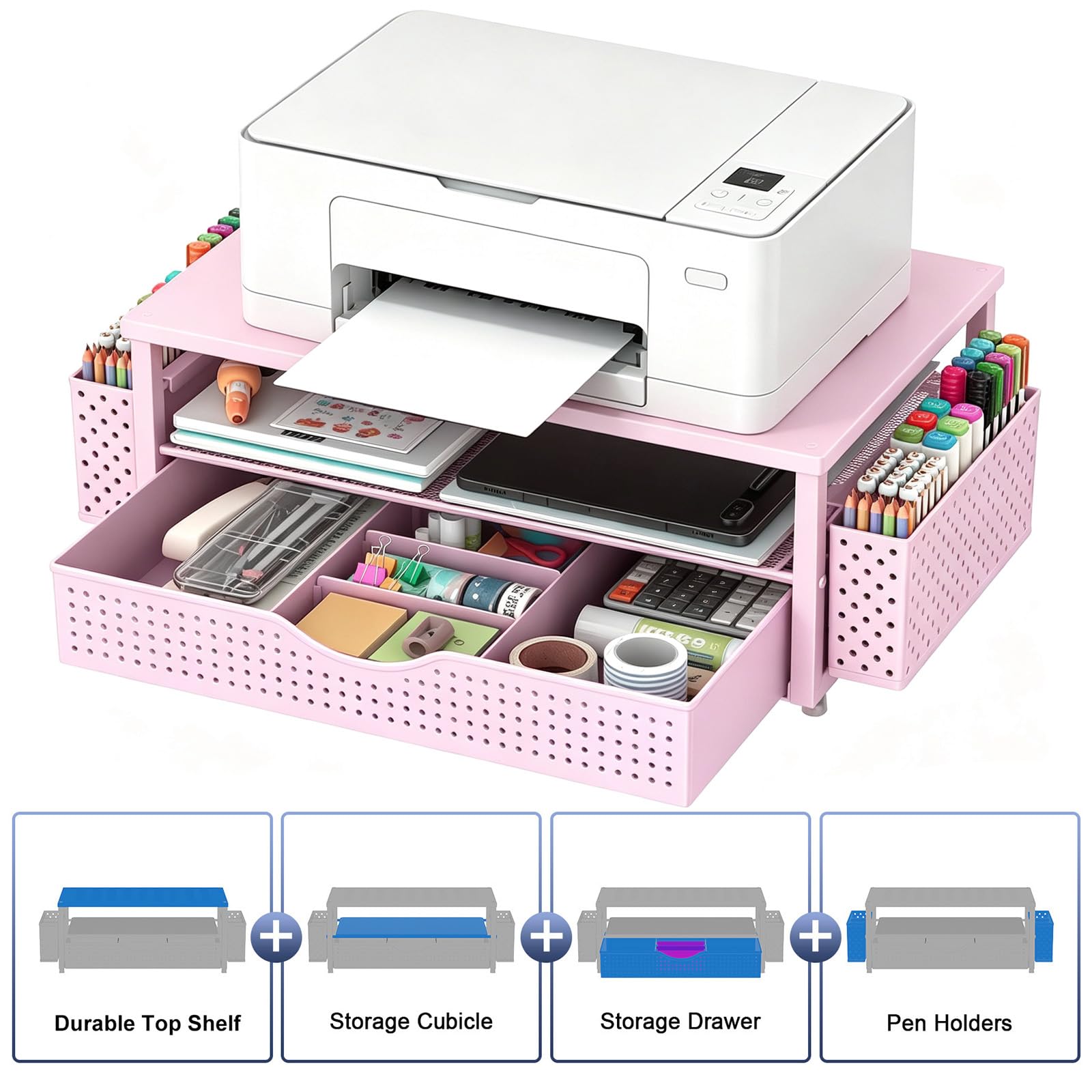 Spacrea Desk Organizers and Accessories, Printer Stand with Storage, Pink