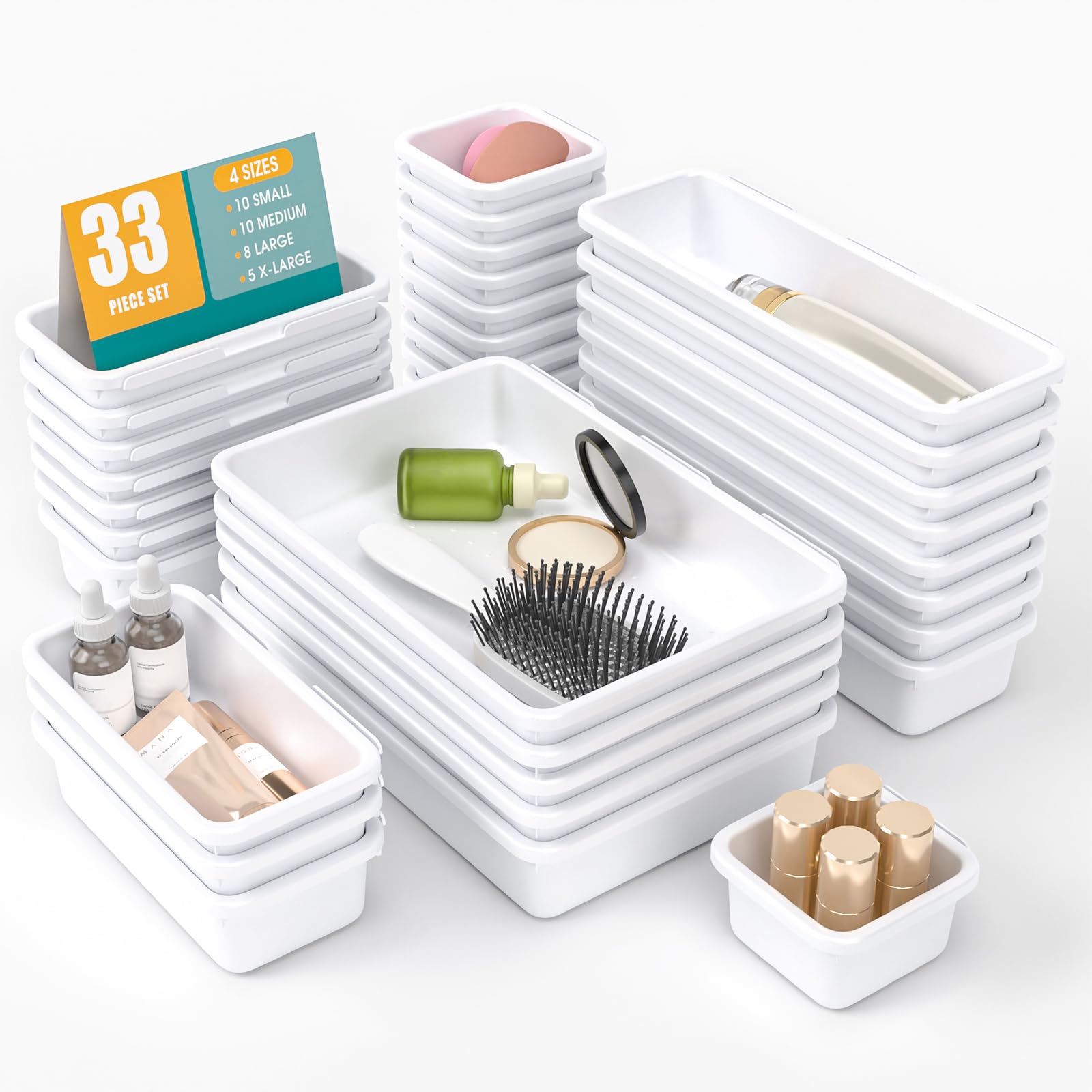 33 PCS Drawer Organizer Set, 4 Size Makeup Drawer Divider Organizer With Non-Slip Pads