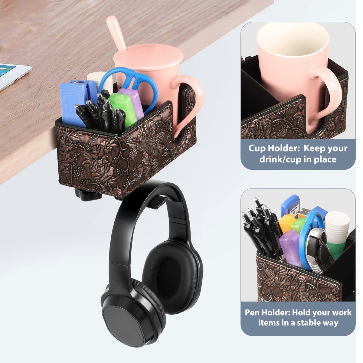 Under Desk Cup Holder Clamp on Cup Holder PU Leather Clip on Desk Organizer