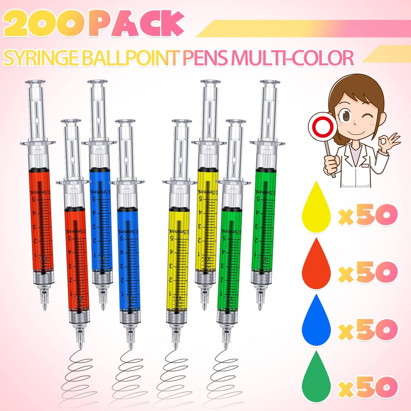 Tinlade 200 Pcs Syringe Gel Pens Bulk Nurses 4 Colors