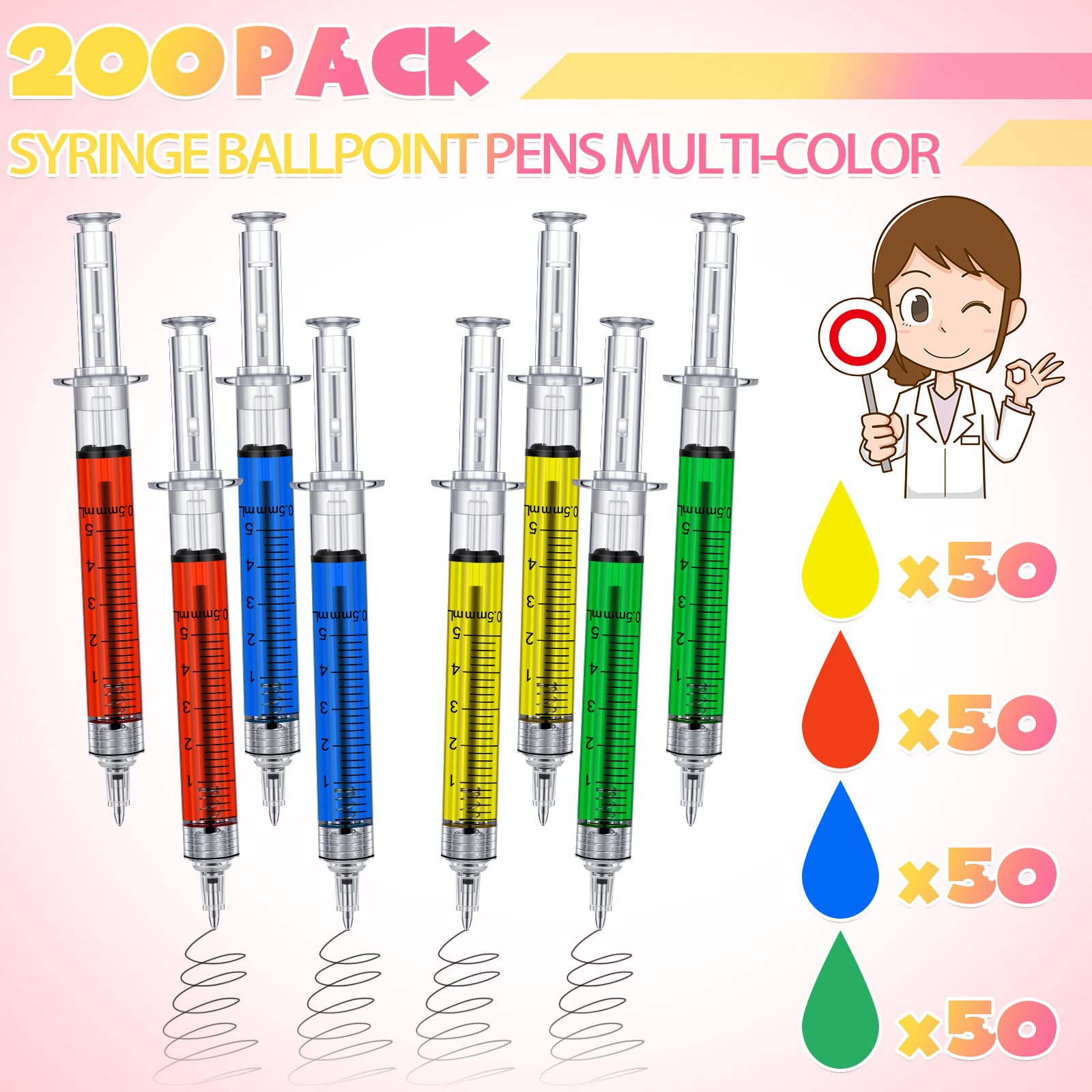 Tinlade 200 Pcs Syringe Gel Pens Bulk Nurses 4 Colors
