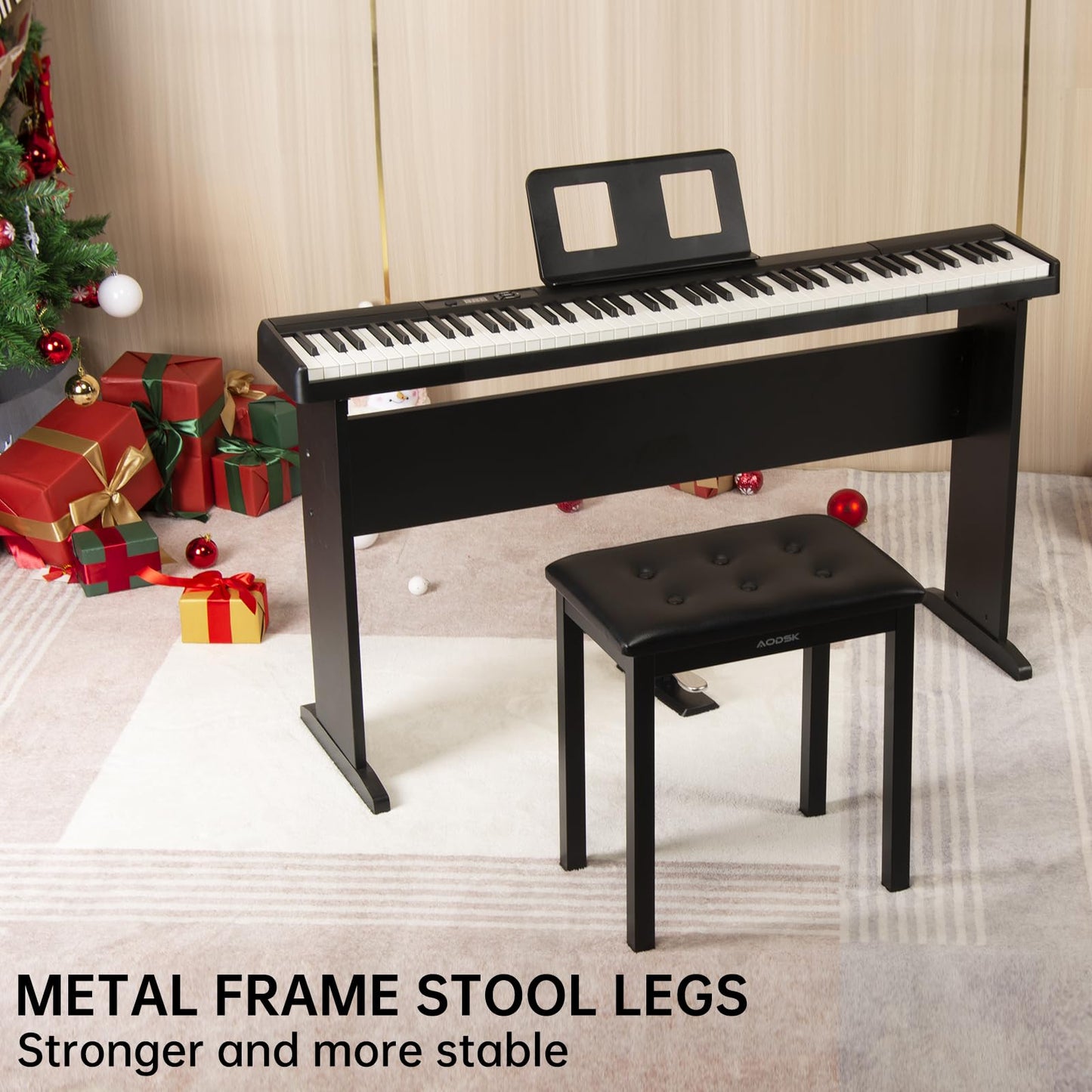 AODSK Piano Bench, PU Leather Padded Cushion, Sturdy Iron Legs, Black