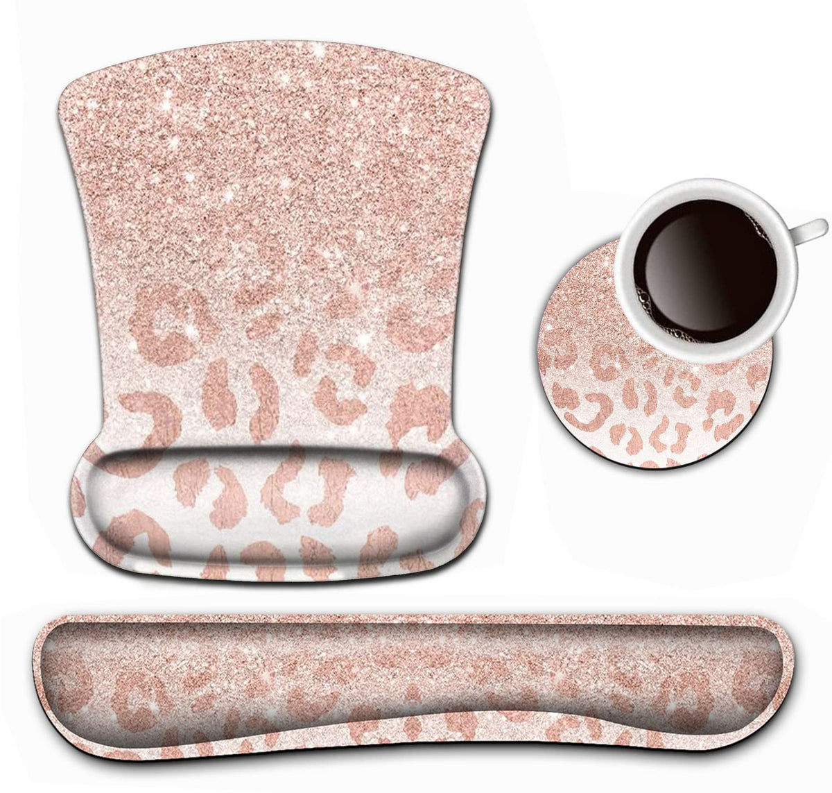 Keyboard Wrist Rest and Mouse Pad Wrist Support Set,Pink Leopard Star Pattern Ergonomic Gel Mouse