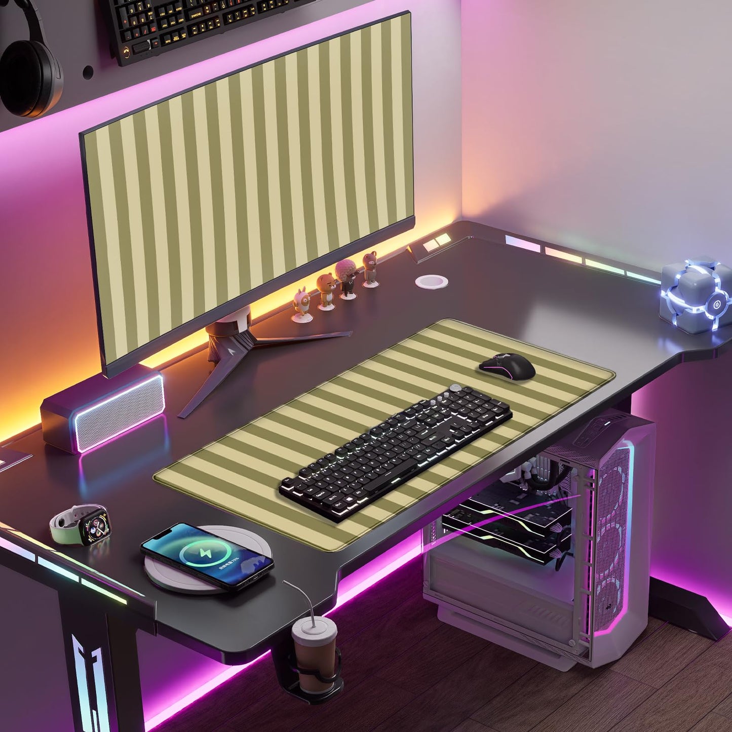 Olive Yellow Striped Desk Mat Cute Pastel XXL Large Gaming Mouse Pad Desk Pad Kawaii Cozy Aesthetic