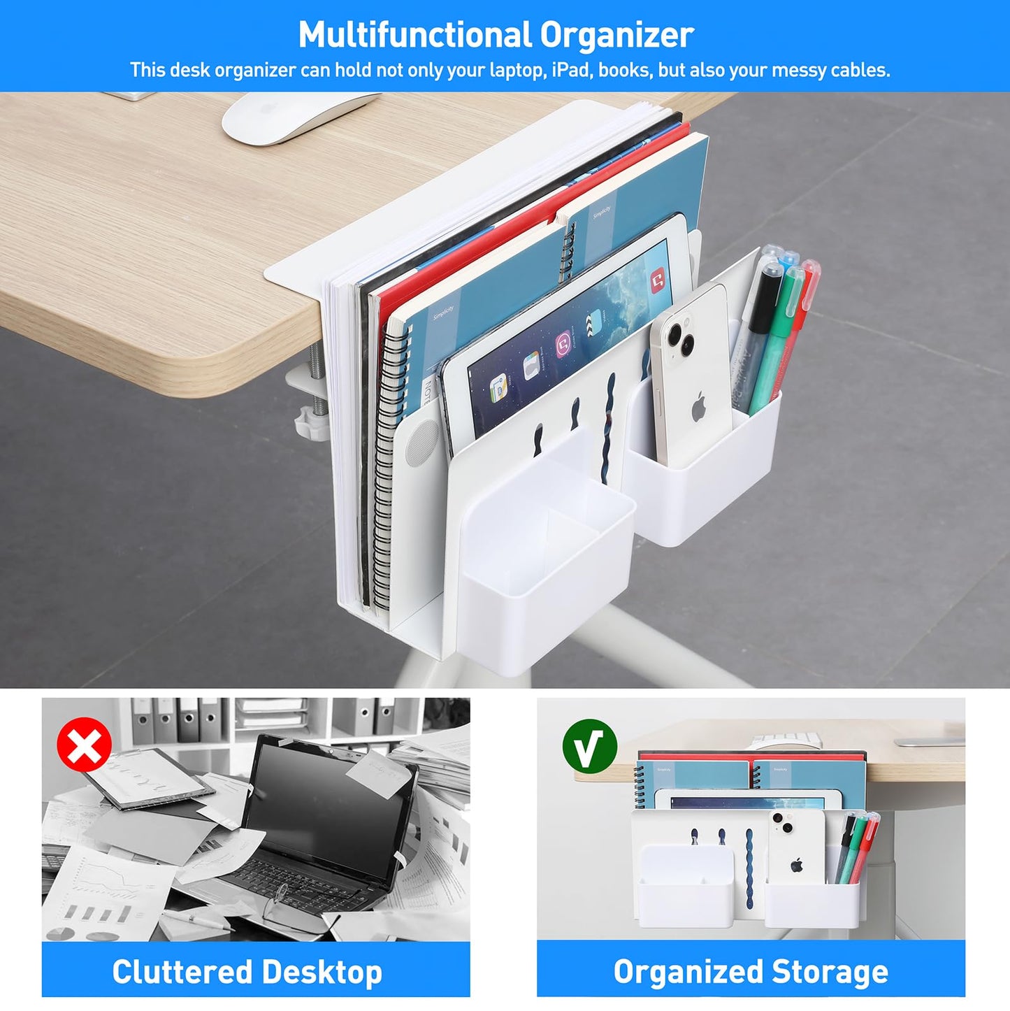 MAXECHO Desk Side Storage, Under Desk Laptop Mount, Table Side Hanging File Organizer, No Drill