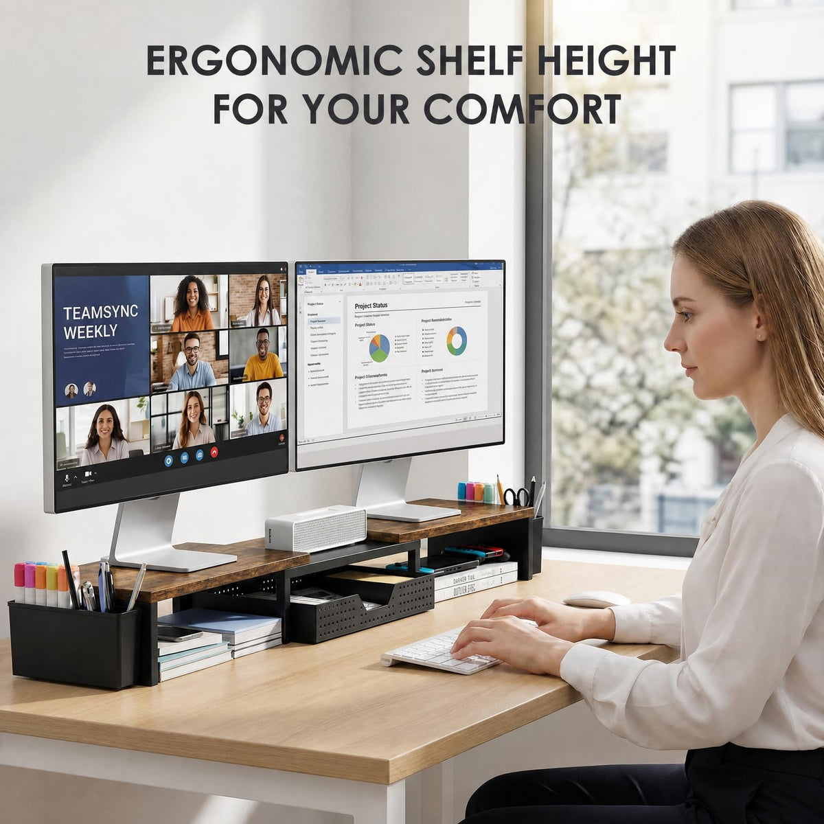 OPNICE Desk Organizers and Accessories, Dual Monitor Stand Riser with Drawer and 2 Pen Holders