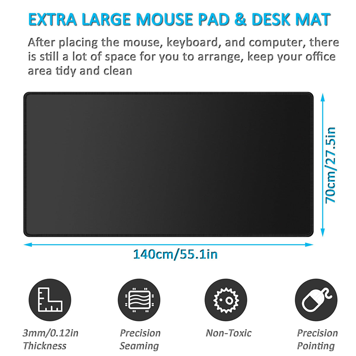 LL-COEUR Black Oversized Gaming Mousepad 55.1x27.5x0.12inch, XXL Long Waterproof Computer Laptop