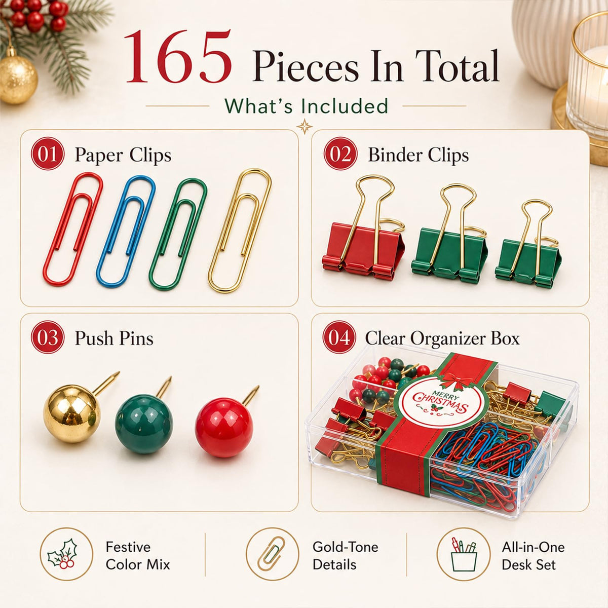 Creechwa Paper Clips and Binder Clips Set, Green & Red, Assorted Size Clips
