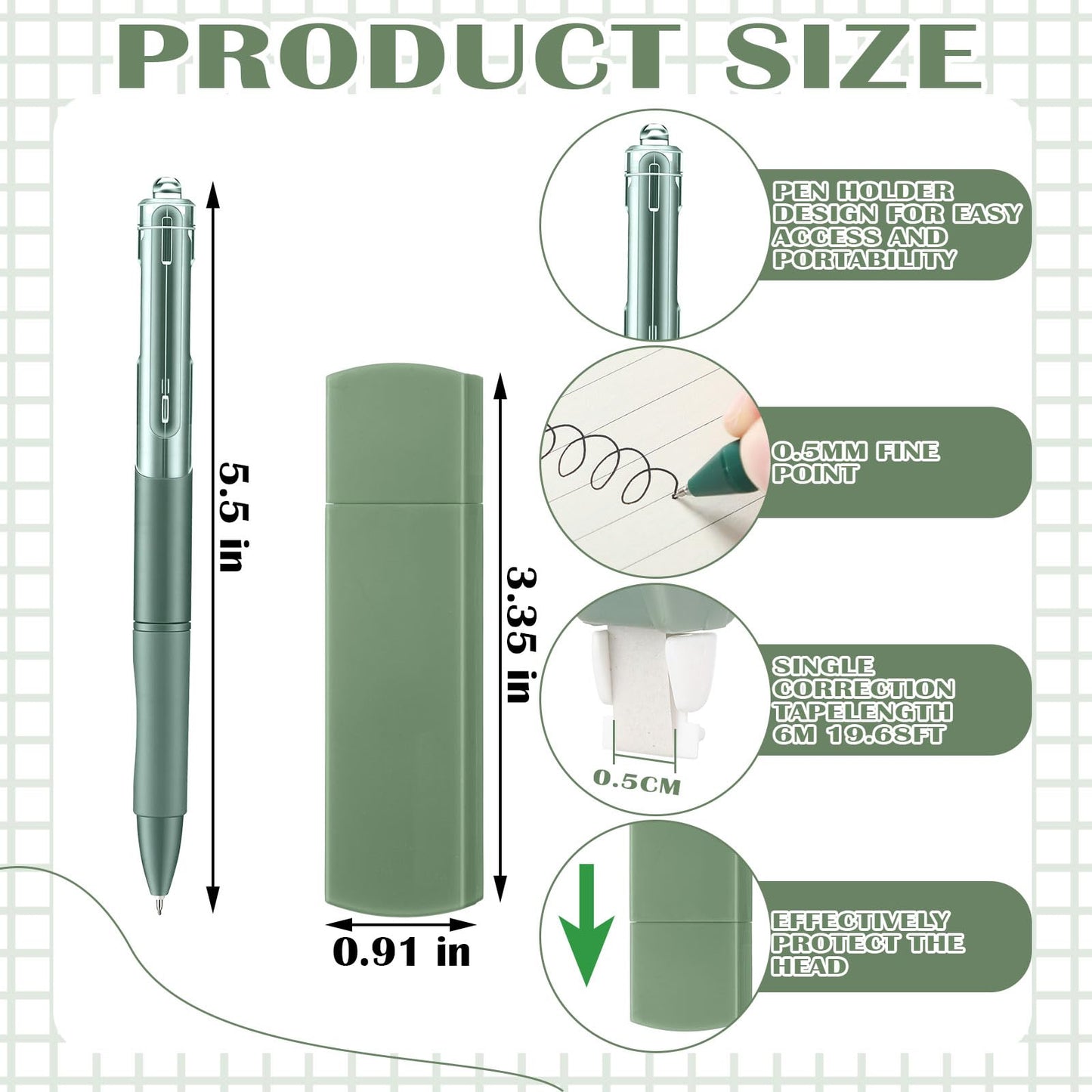 Resurhang 6 Green Pens Set 0.5 mm Fine Point Correction Tape Notes, Green