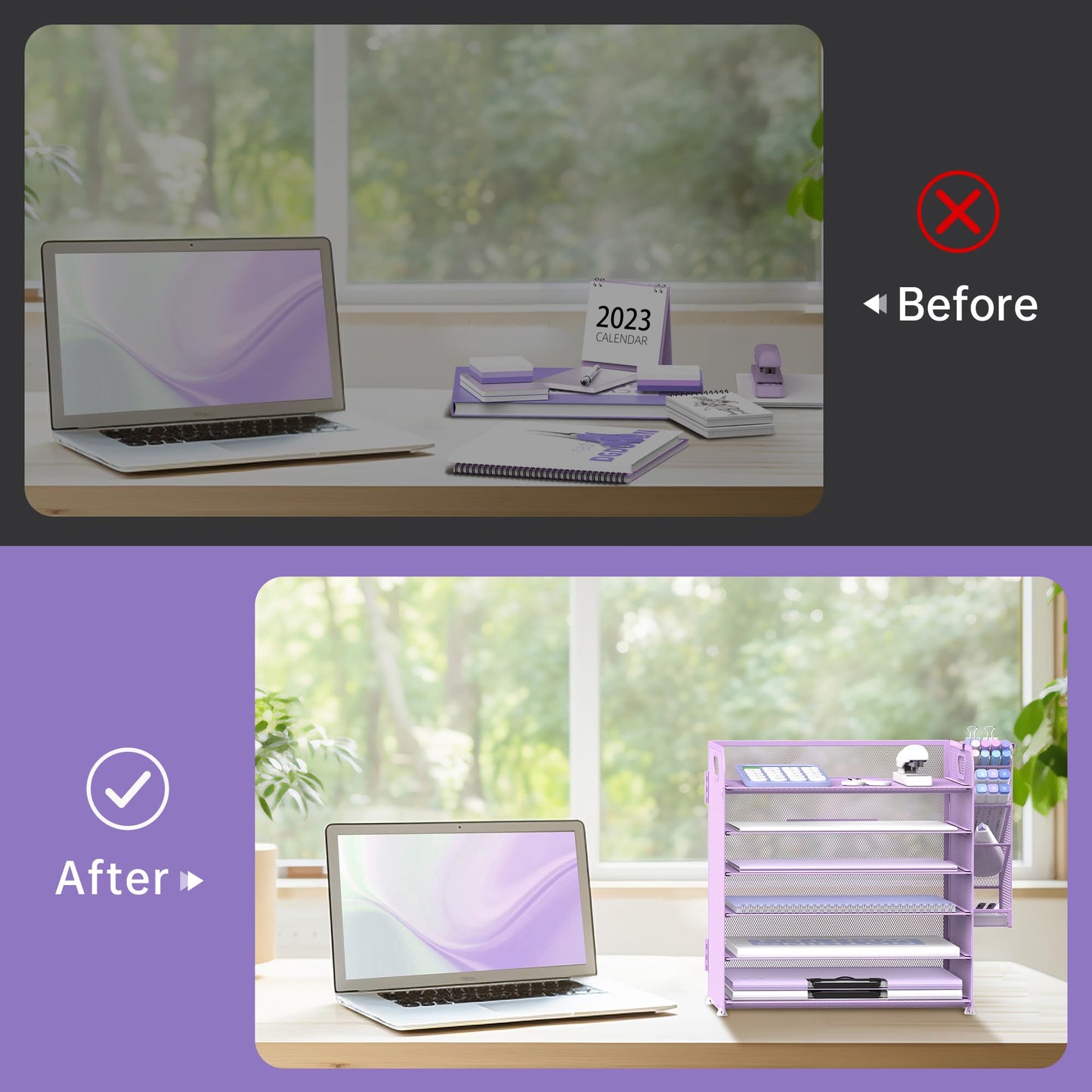 Supeasy 6 Tier Desk Organizer with 4 Pen Holders & Mesh Paper Trays Purple