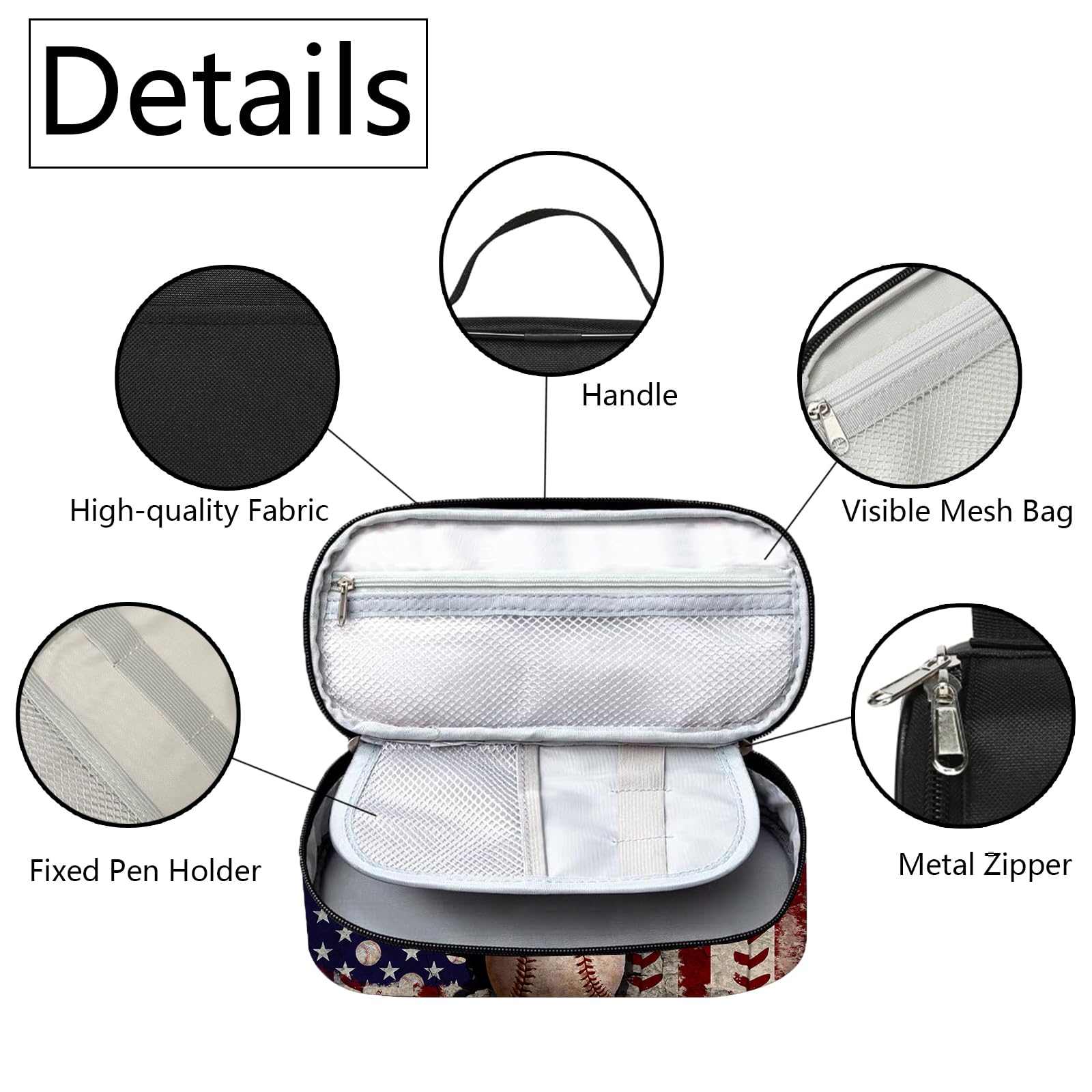 ROVOZAR Baseball Pencil Case, American Flag Baseball Pencil Box for Kids Pen Bag, Large Capacity