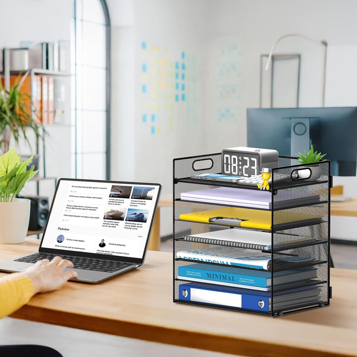 7 Tier Paper Organizer for Desk with Mesh Letter Trays and Handle 2 Pack