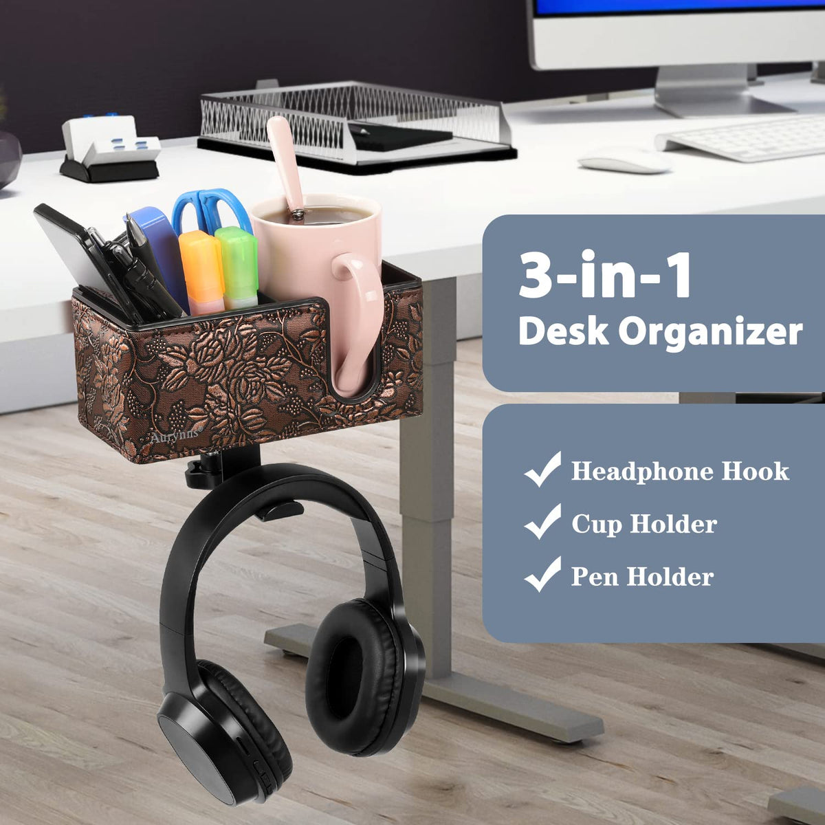 Under Desk Cup Holder Clamp on Cup Holder PU Leather Clip on Desk Organizer