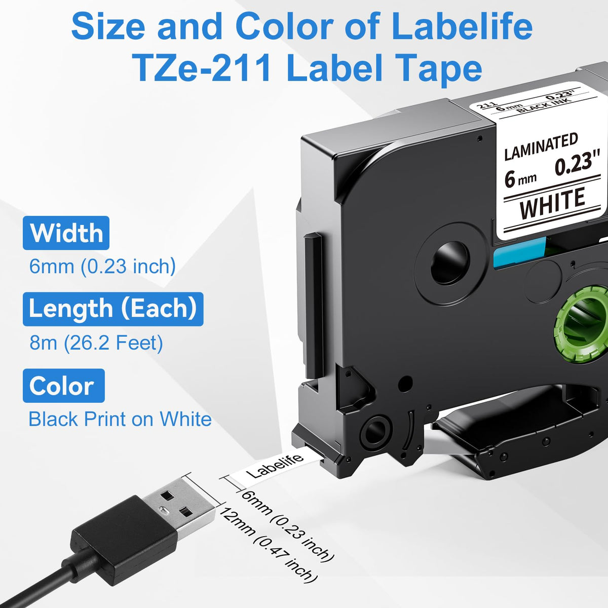 6-Pack 6mm 0.23'' Label Tape Replacement for Brother P Touch TZe-211 TZe211