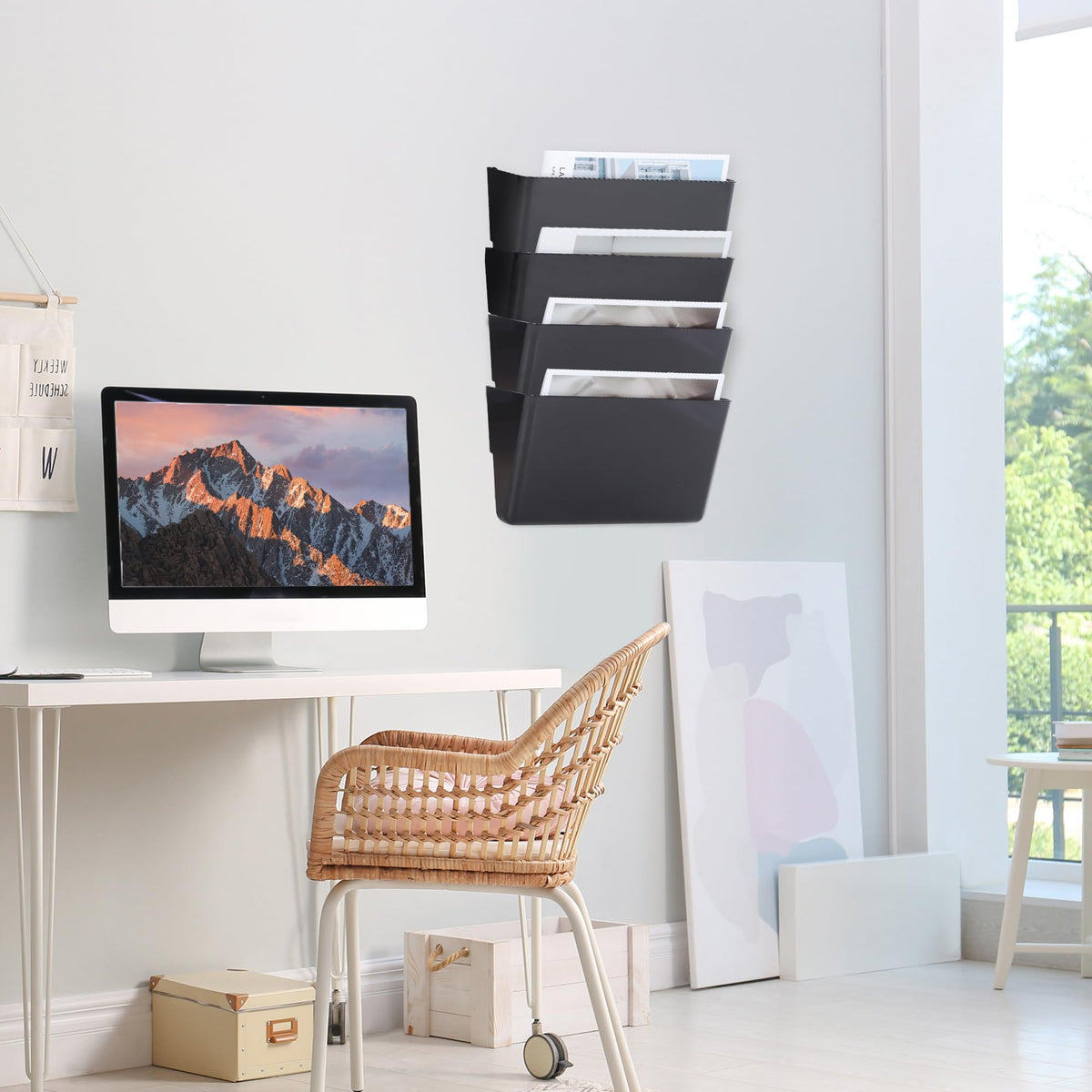 EASEPRES 4 Pack Black Single Pocket Hanging File Organizer, Plastic Wall Mount Paper Mails