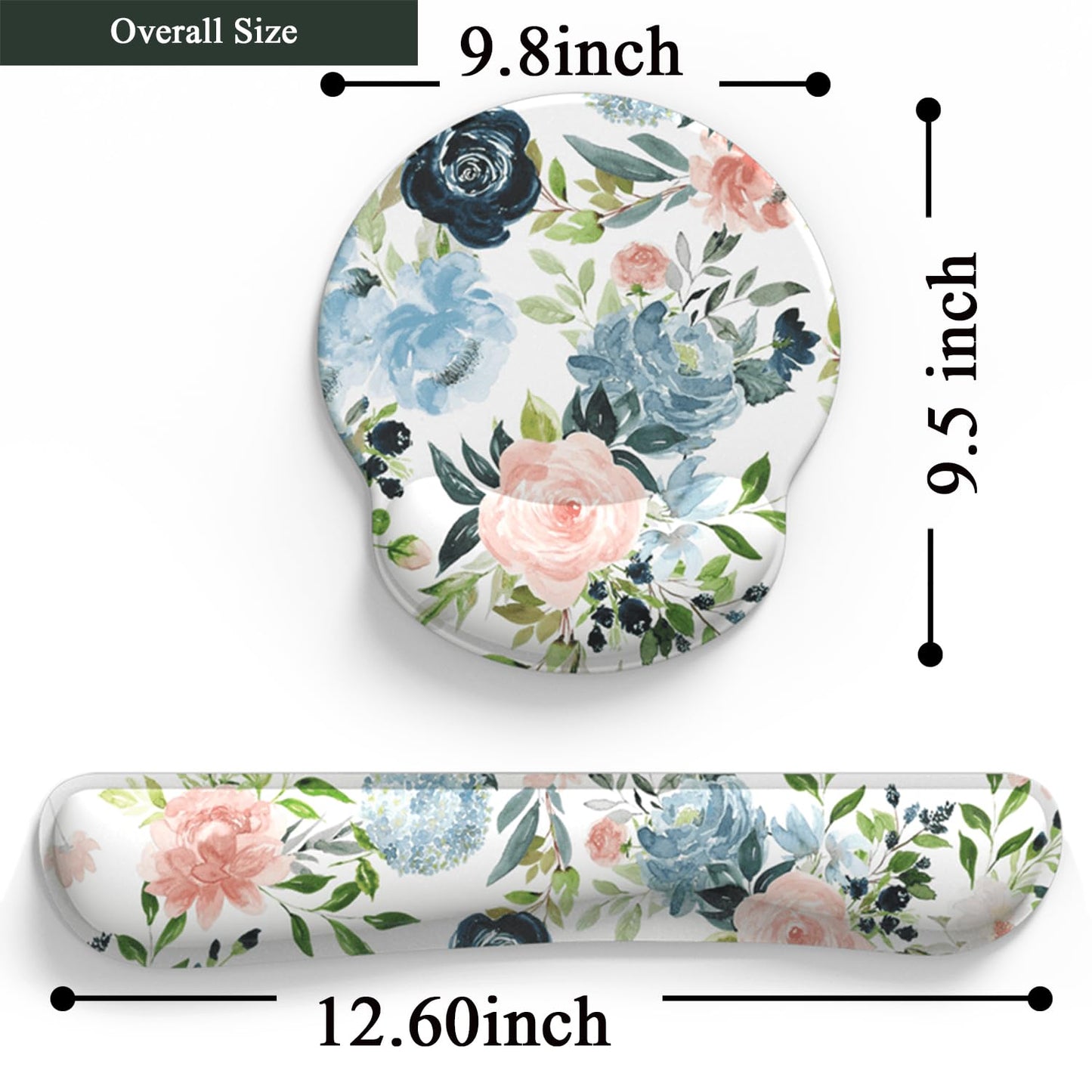 Green Blue Pink Floral Mouse Pad Wrist Support Keyboard Wrist Rest Set, Ergonomic Mouse Pad with