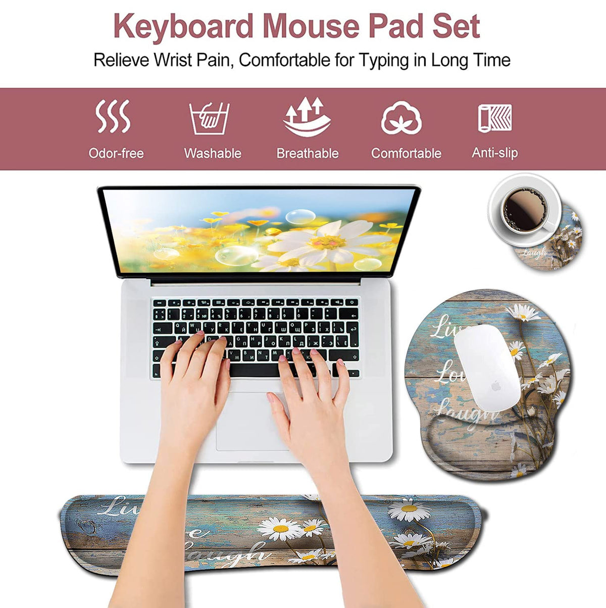 Mouse Pad for Women, Ergonomic Gel Mouse Pad, Keyboard Wrist Rest Relieves Fatigue, White Daisy