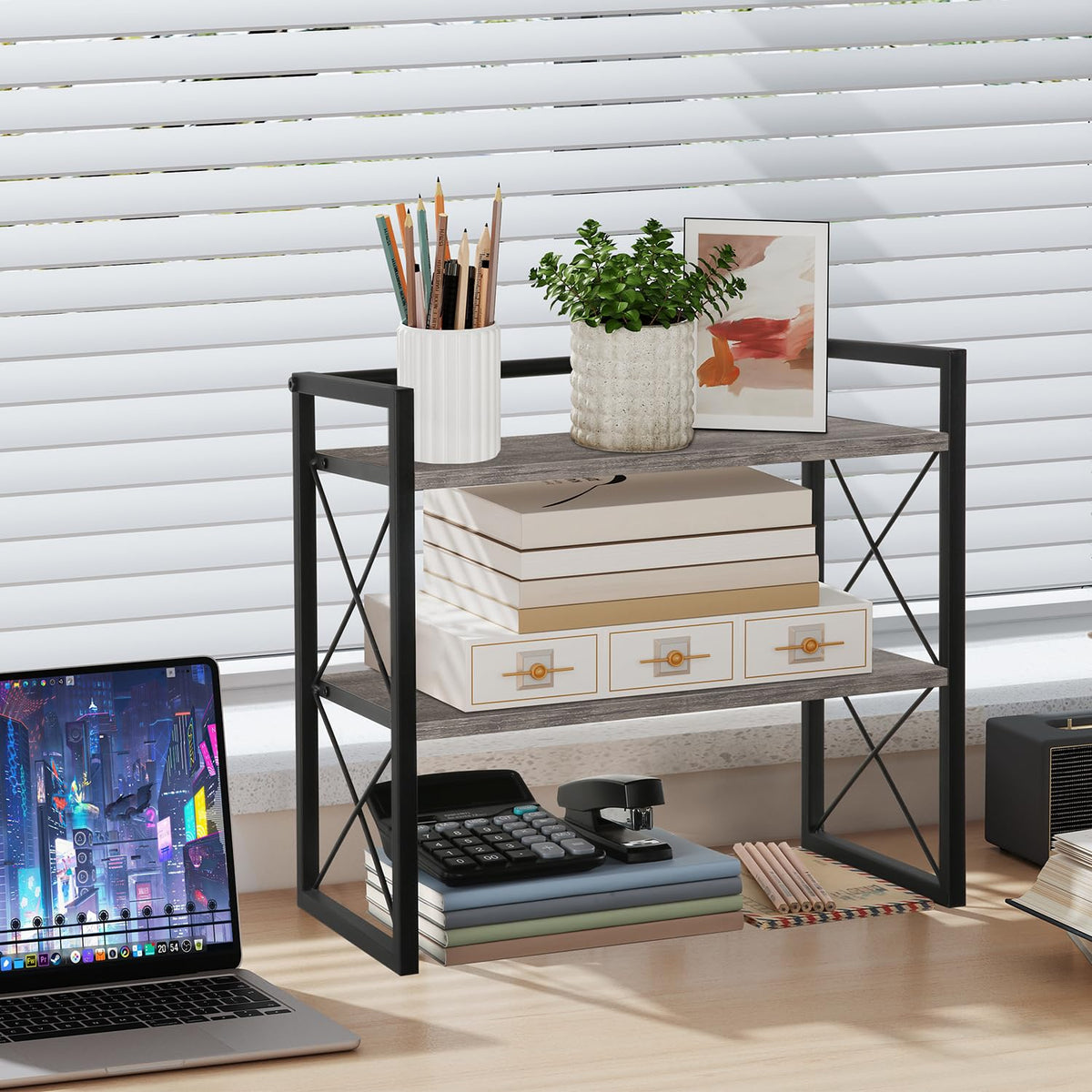 YINMIT Desktop Shelf Organizer, 2 Tier Office Shelves, Wood Desk Organizer Storage Rack and