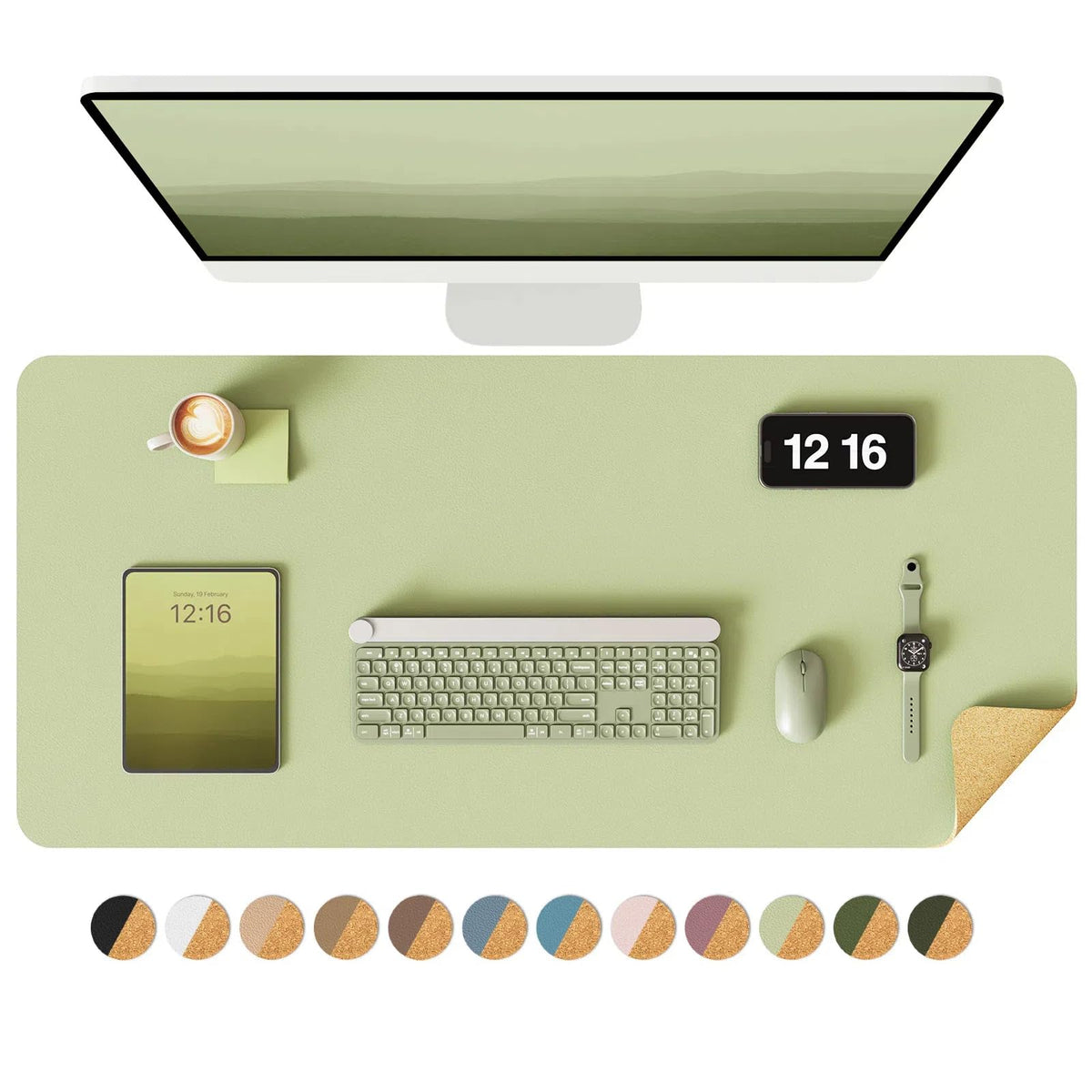 YSAGi Double-Sided Desk Pad, 35.4"x17" Leather & Cork, Matcha Green/Cork