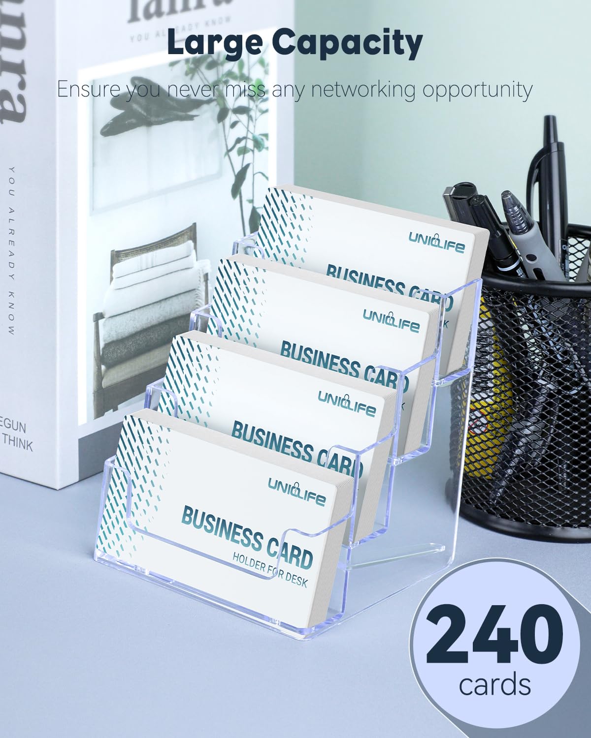 Uniclife 4 Pack Acrylic Business Card Holder for Desk, 240 Card Capacity