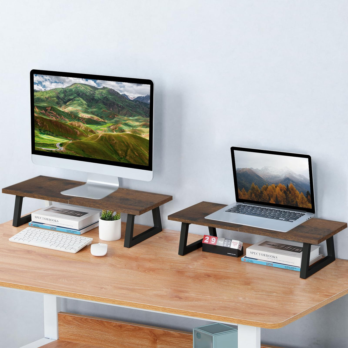 TEAMIX 24 inch Monitor Riser for Desk, Wood & Steel Computer/TV Stand Brown