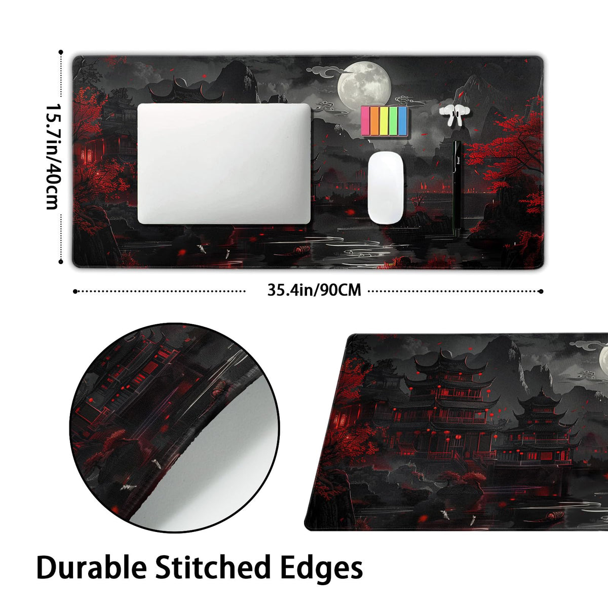 Full Moon Night Gaming Mouse Pad XXL Black Red Mountain Japanese Extended Large Mat Mousepad Desk