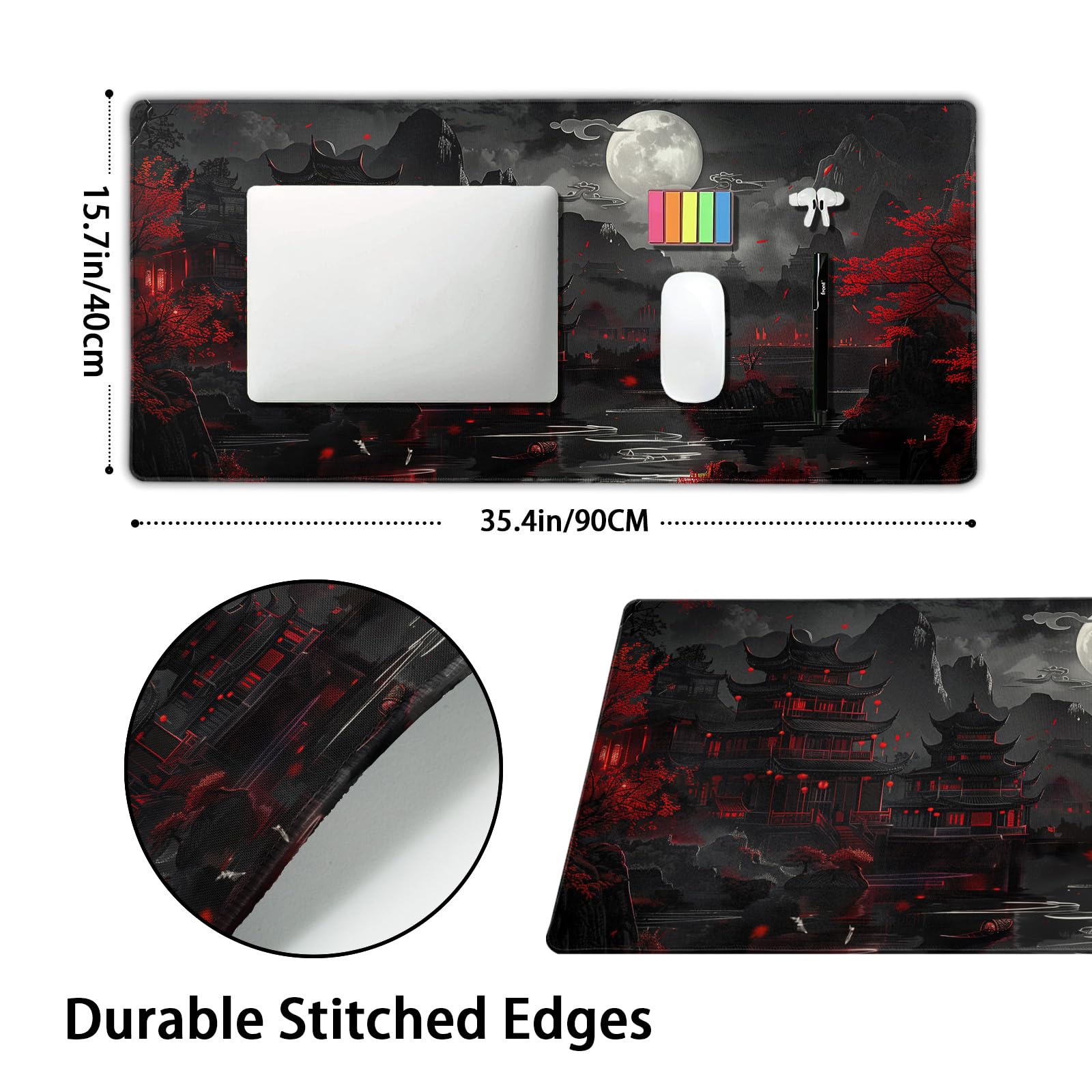 Full Moon Night Gaming Mouse Pad XXL Black Red Mountain Japanese Extended Large Mat Mousepad Desk