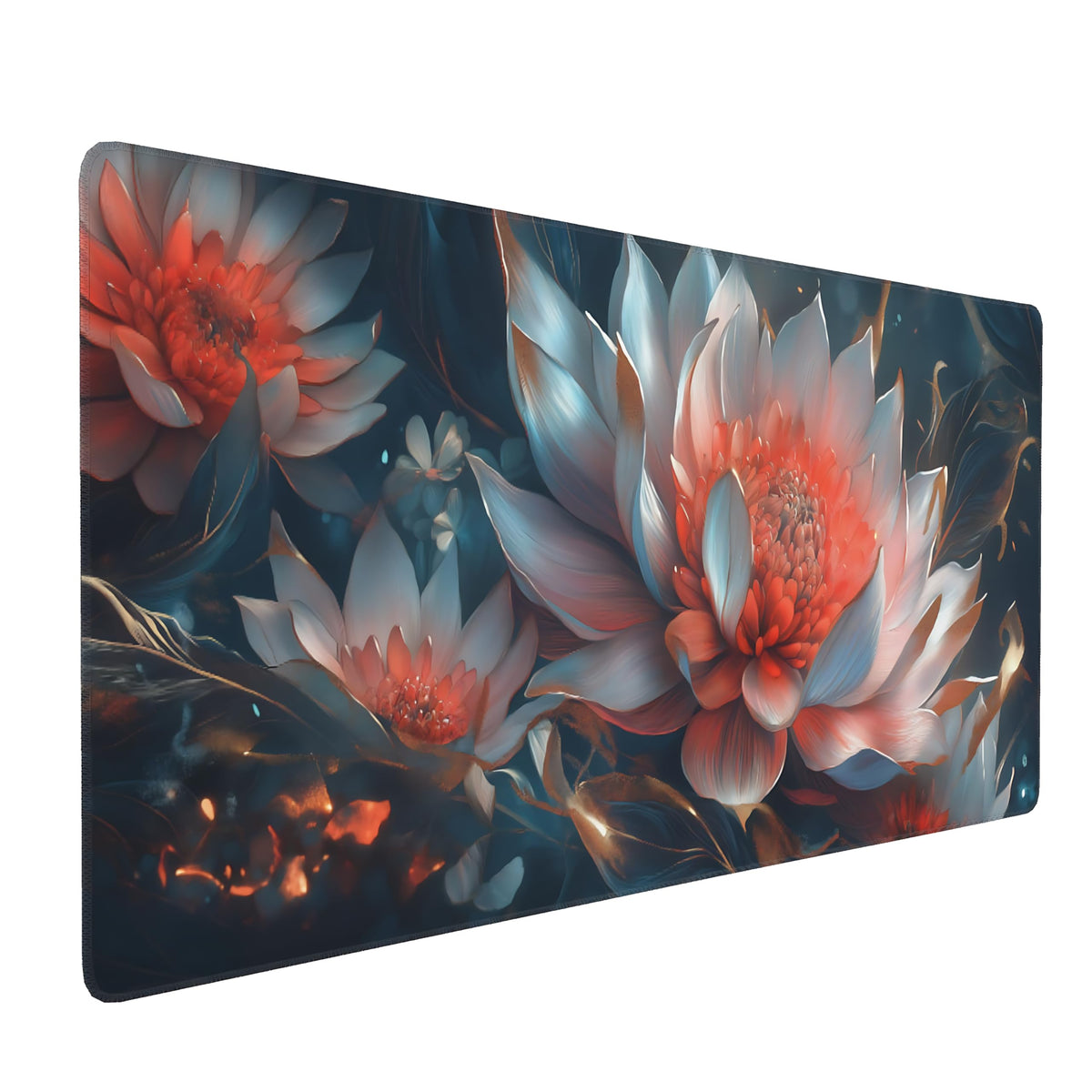 Floral Aesthetic Lotus Gaming Mouse Pad, Ink Blue Red Cyber Desk Mat with Anti-Slip Base & Stitched