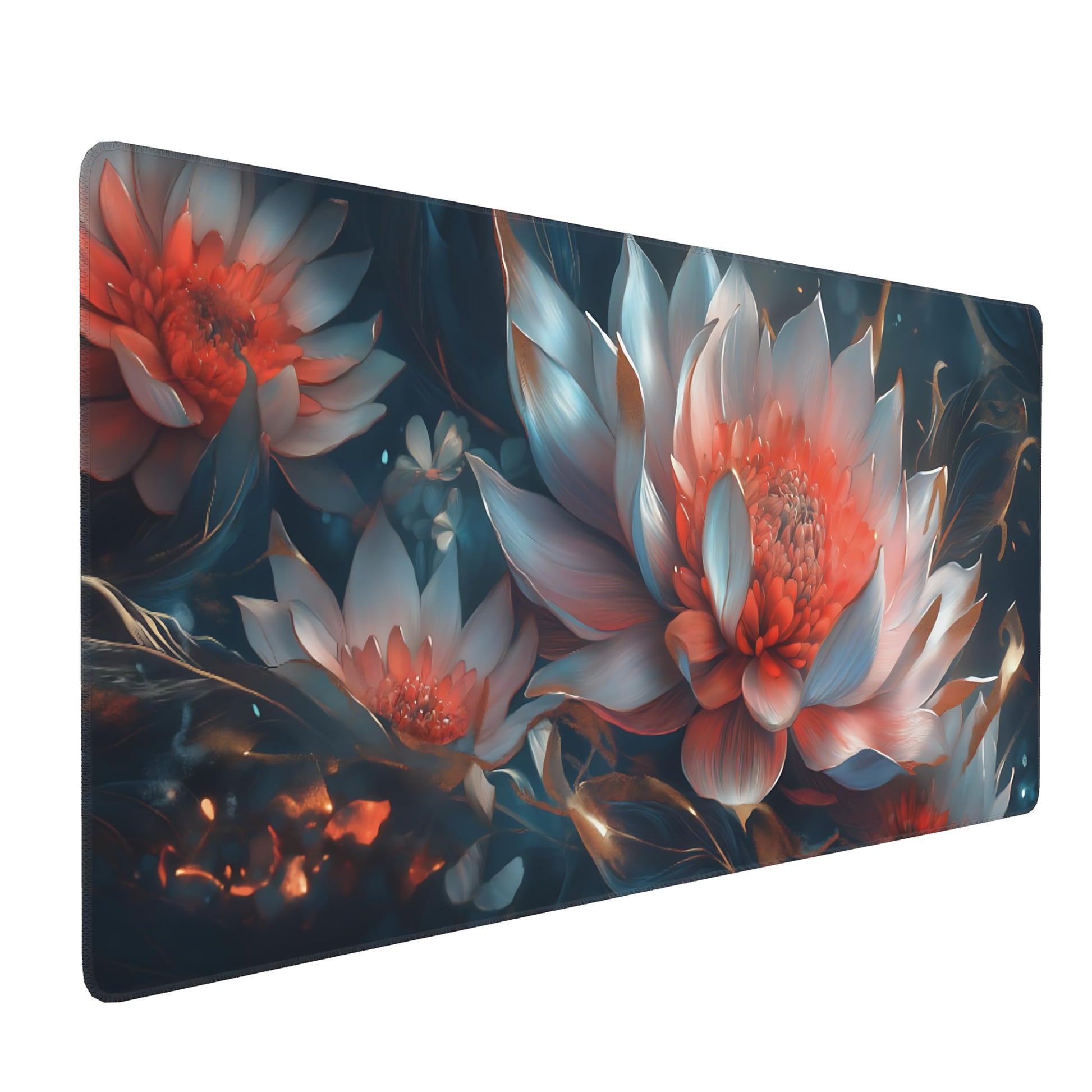 Floral Aesthetic Lotus Gaming Mouse Pad, Ink Blue Red Cyber Desk Mat with Anti-Slip Base & Stitched