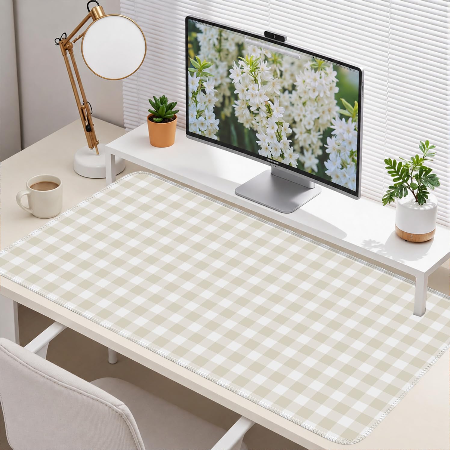 Beige Checkered Gingham Desk Mat Pad XXL Large Mouse Pad