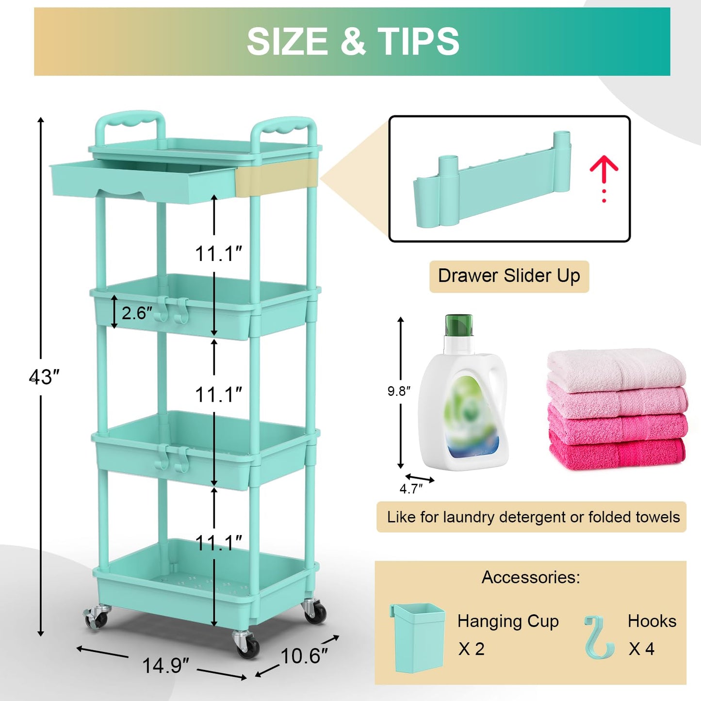 Goovilla 4 Tier Rolling Utility Cart Organizer with Removable Drawer, Blue