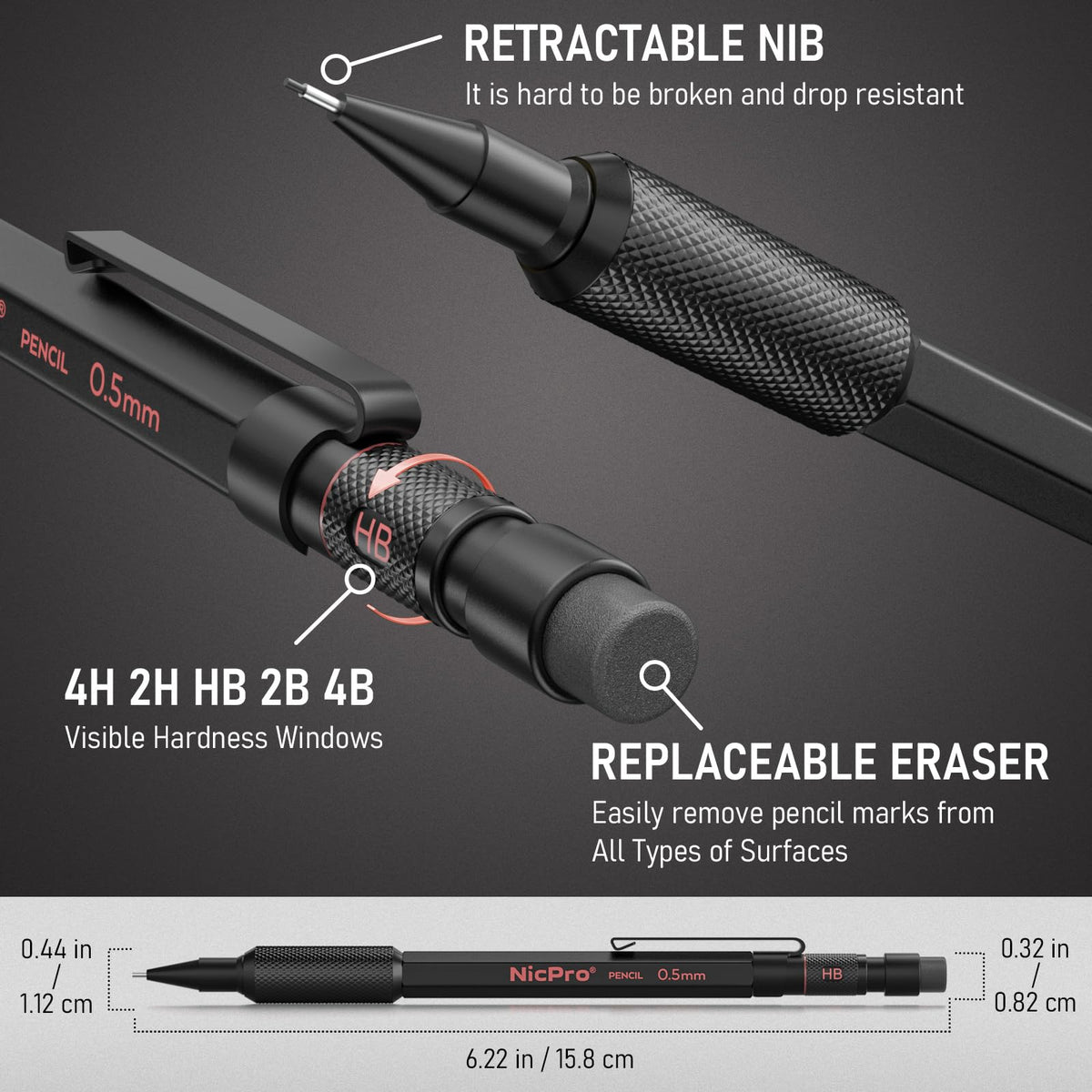 Nicpro 6 PCS Metal Mechanical Pencil Set, Art Drawing Pencil 0.5-2.0MM