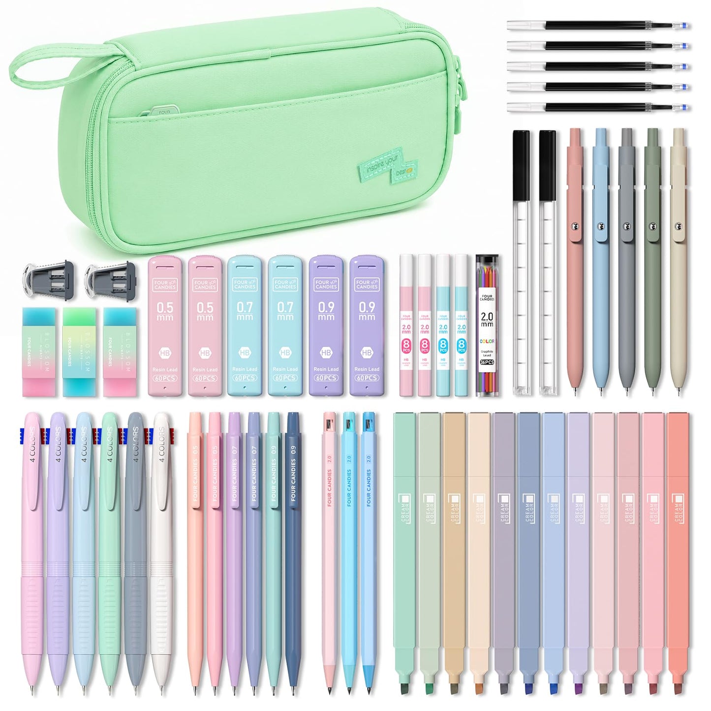 Four Candies 56 PCS Aesthetic School Supplies with Pencil Case (Mint Green)