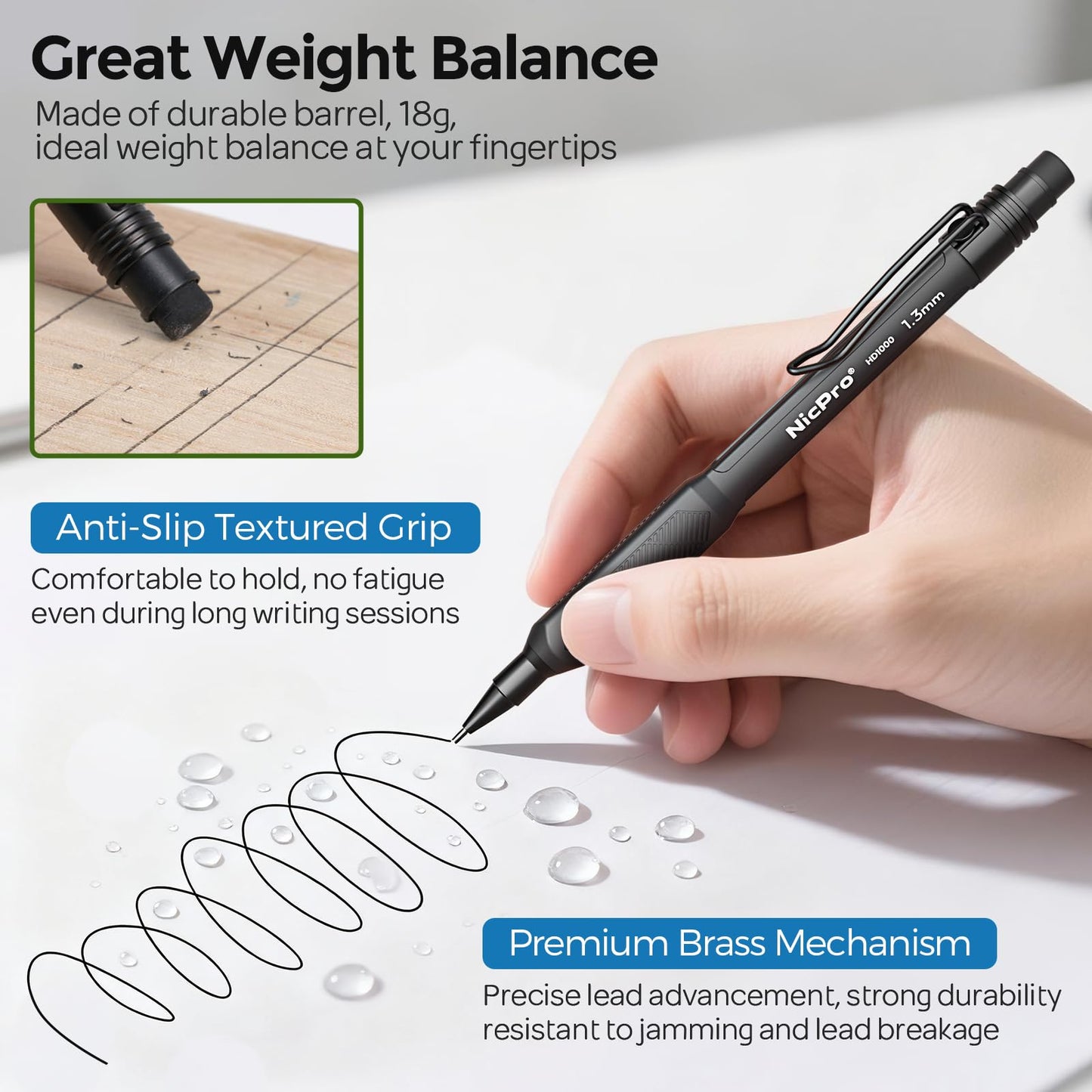 Nicpro 1.3 mm Mechanical Pencils Set, HD1000 1.3 Lead Pencil, 3 Pcs Black
