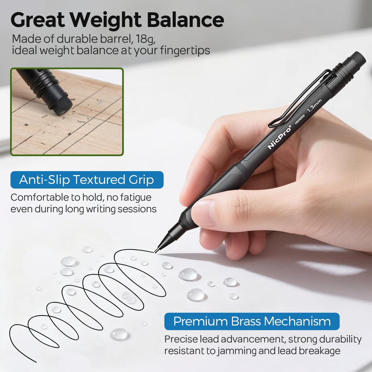 Nicpro 1.3 mm Mechanical Pencils Set, HD1000 1.3 Lead Pencil, 3 Pcs Black