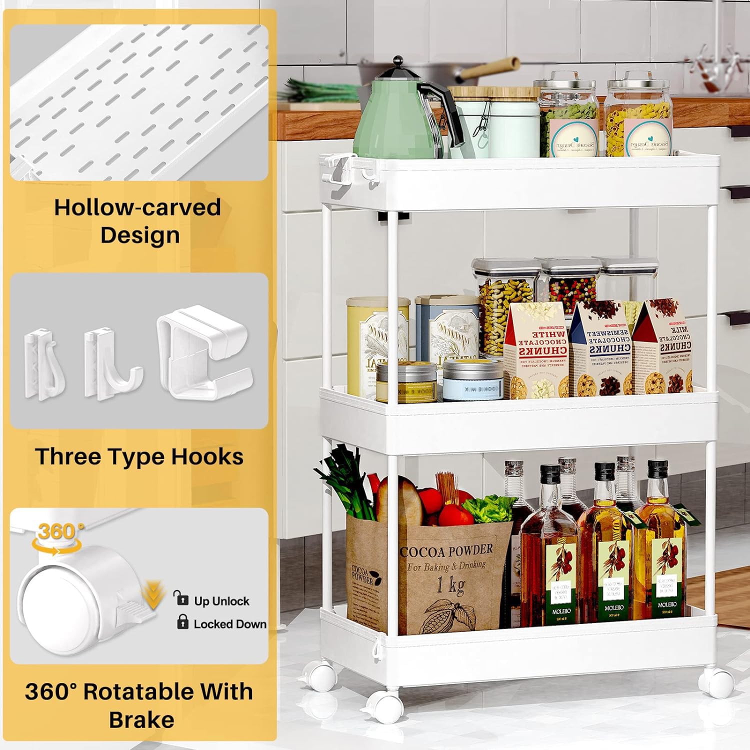 SPACEKEEPER 3 Tier Rolling Cart, Bathroom Cart Organizer with Wheels, White